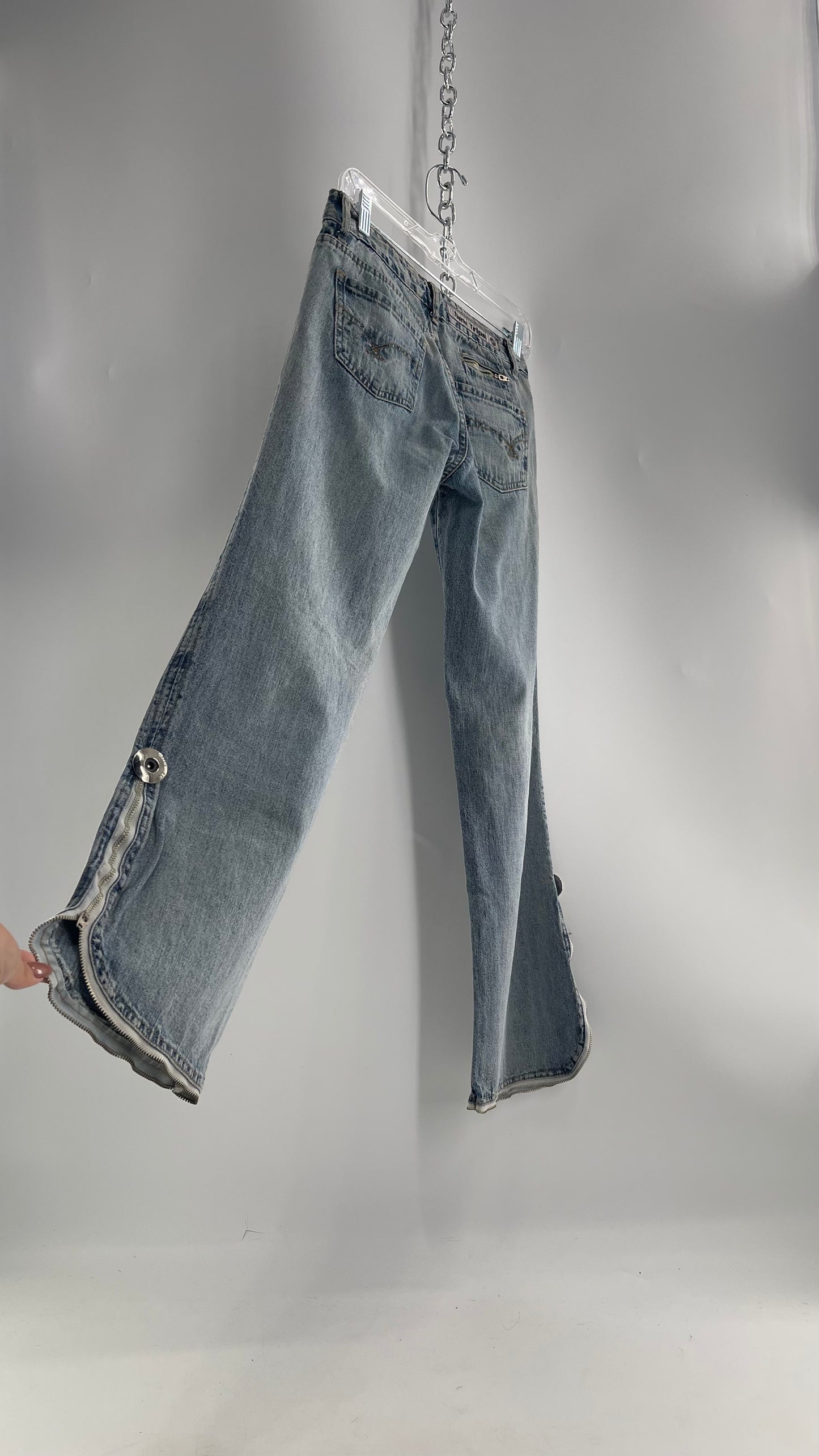 Vintage New Trips Light Wash Kick Flare Jeans with Zipper Hem Detail, V Waistline and Oversized Metal Buttons (40)