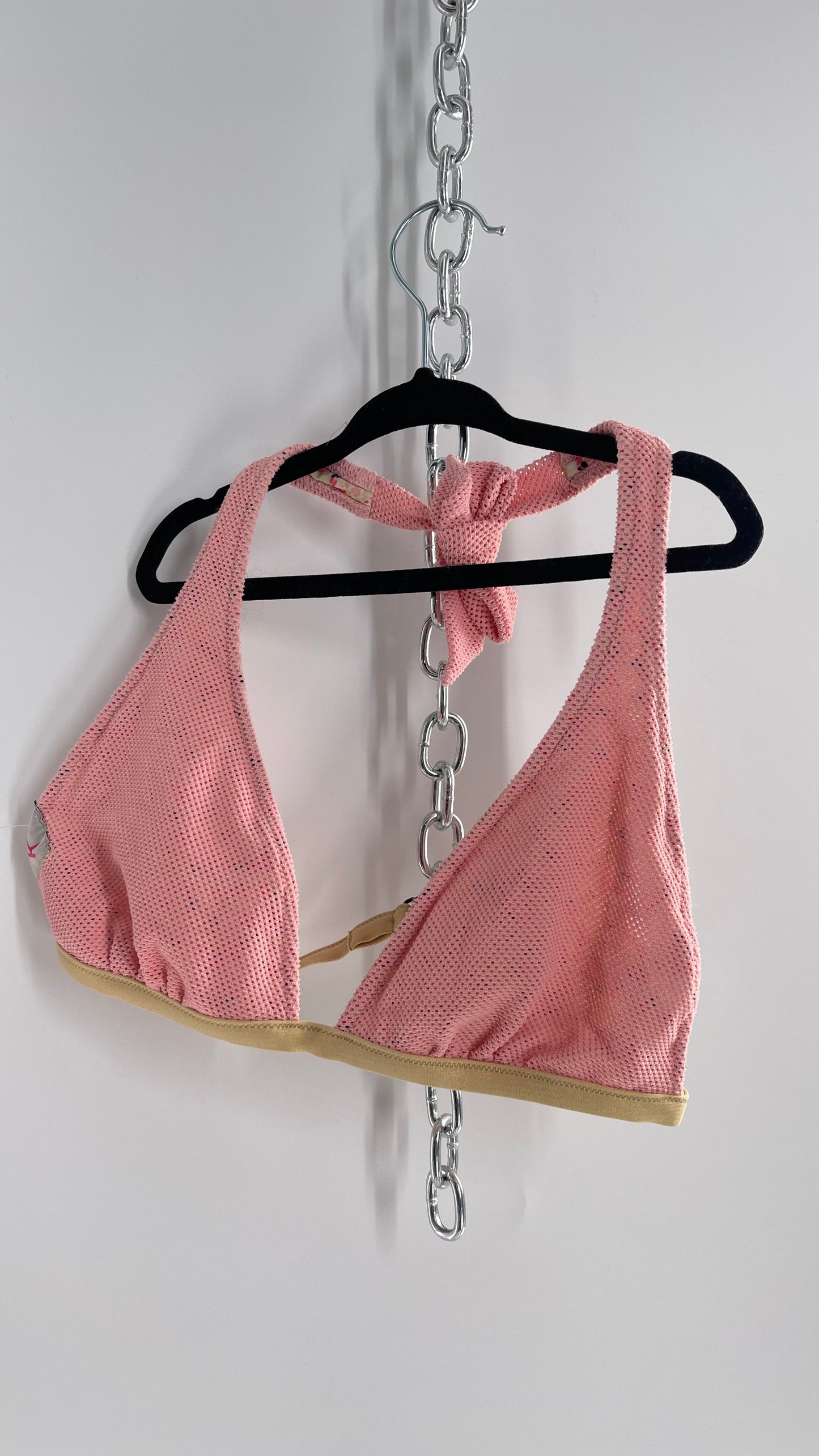 K ti per te Pink Floral and Mesh Halter Swim Top with Gold Glitter Strap (Medium)