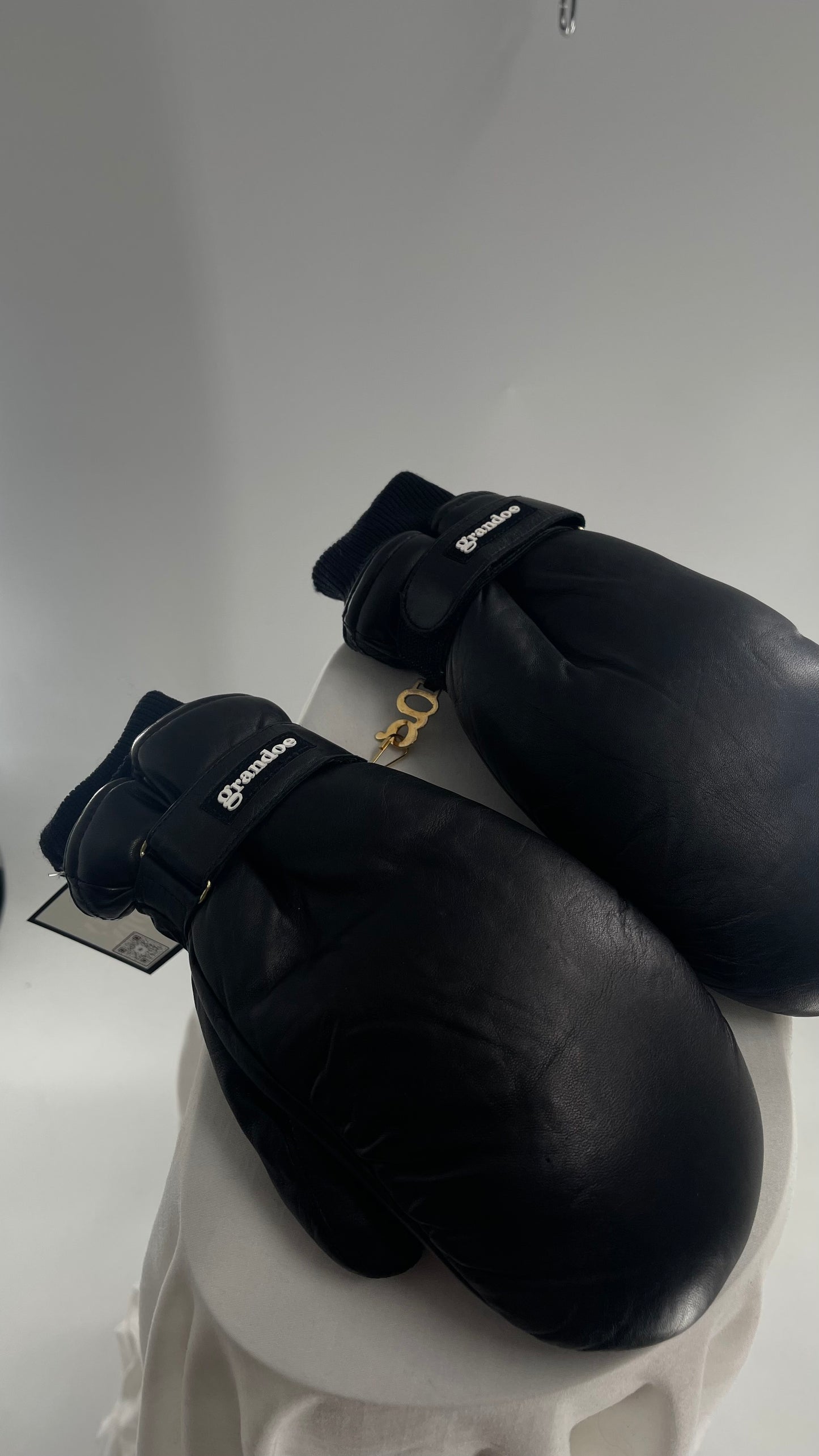 Grandoe Black Leather Mittens with Branding and Gold Logo Link