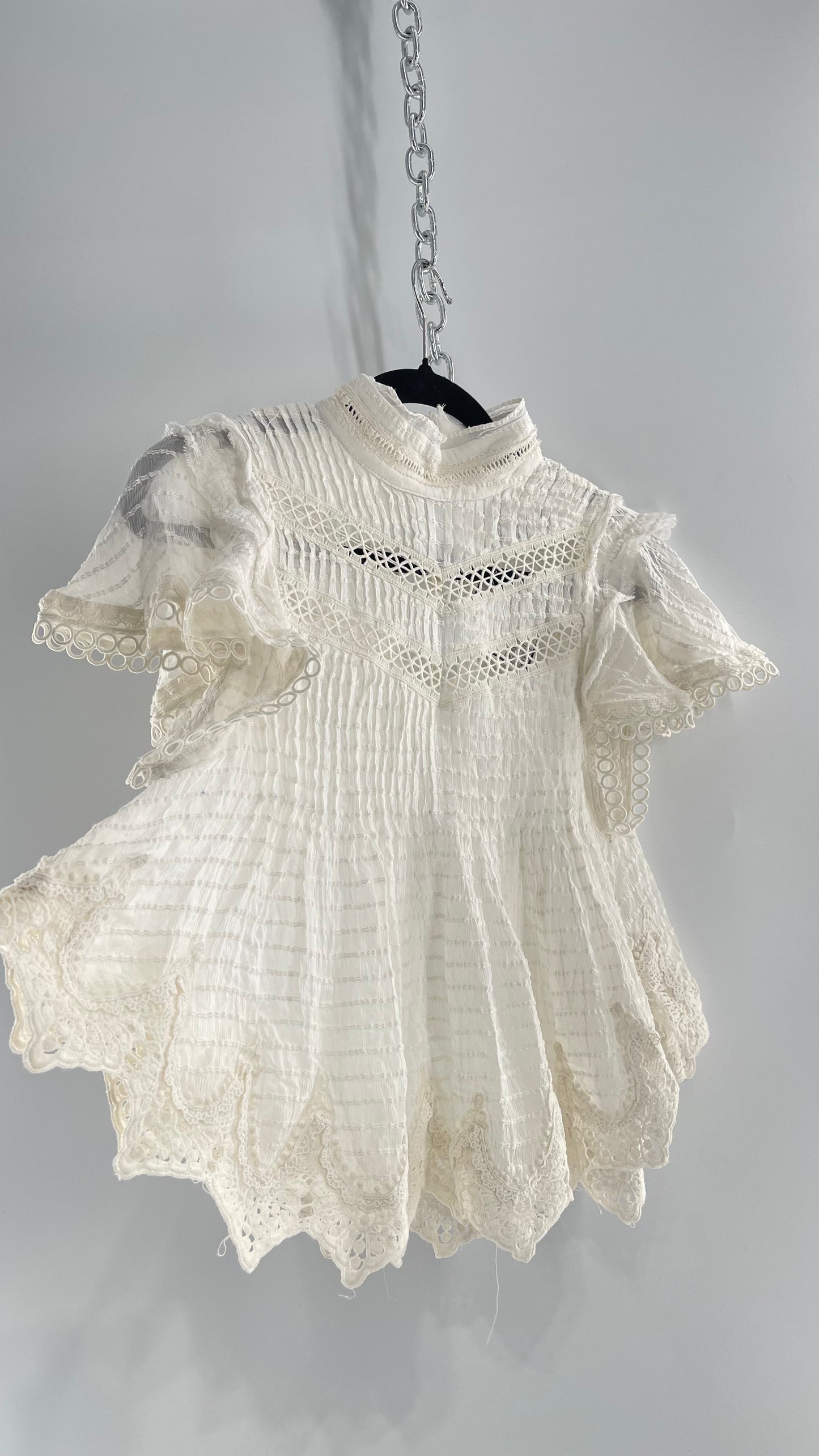 Kimchi Blue White 68% Viscose 32% Cotton Romantic Blouse with High Neck, Textured Body, and Scalloped Lace Hem and Sleeves (Small)