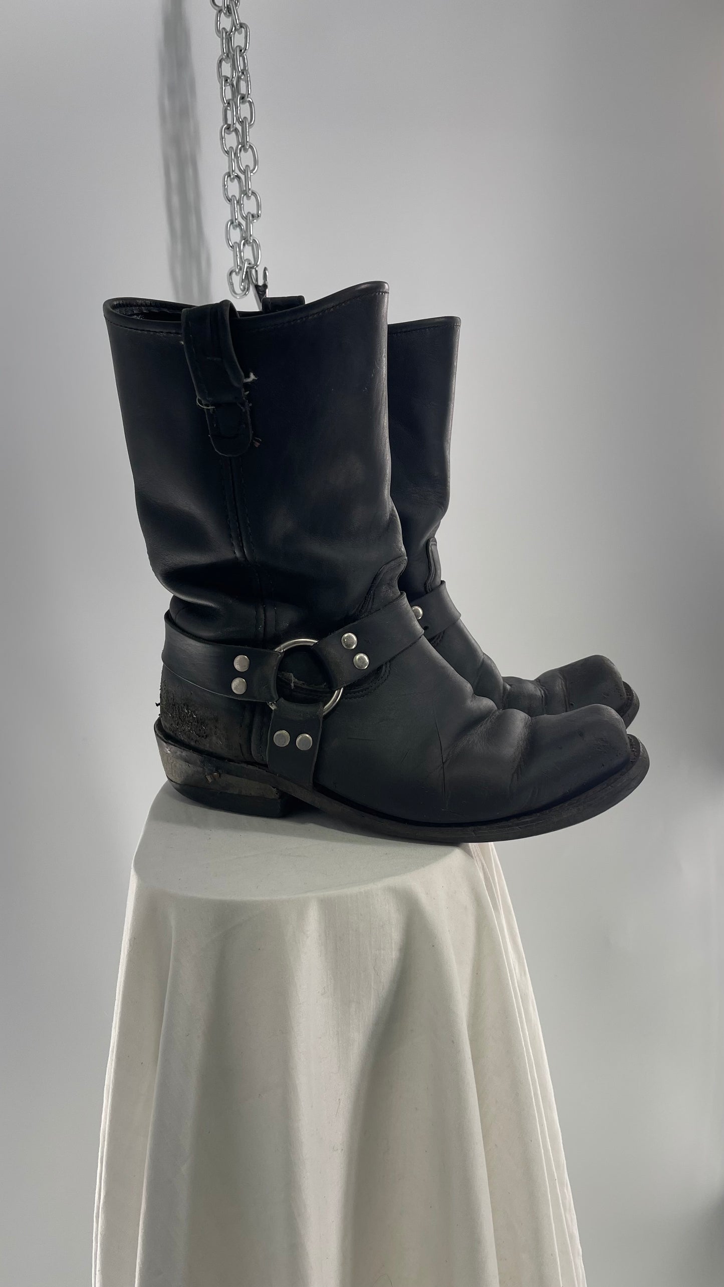Vintage SIERRA Black Heavy Duty Sloppy Scuffed Distressed Leather Motorcycle Boots (10.5)