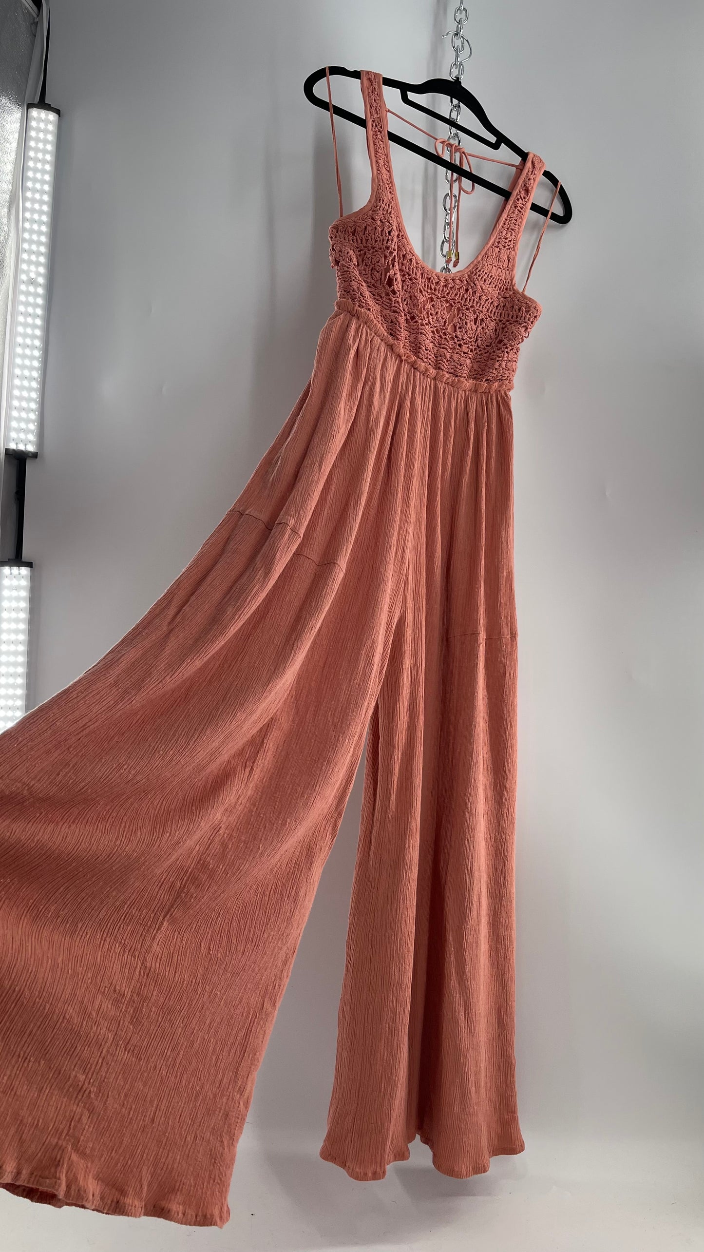 Free People Rose/Peach Pink Wide Leg Jumpsuit with Crochet Bust and Tags Attached (XS)