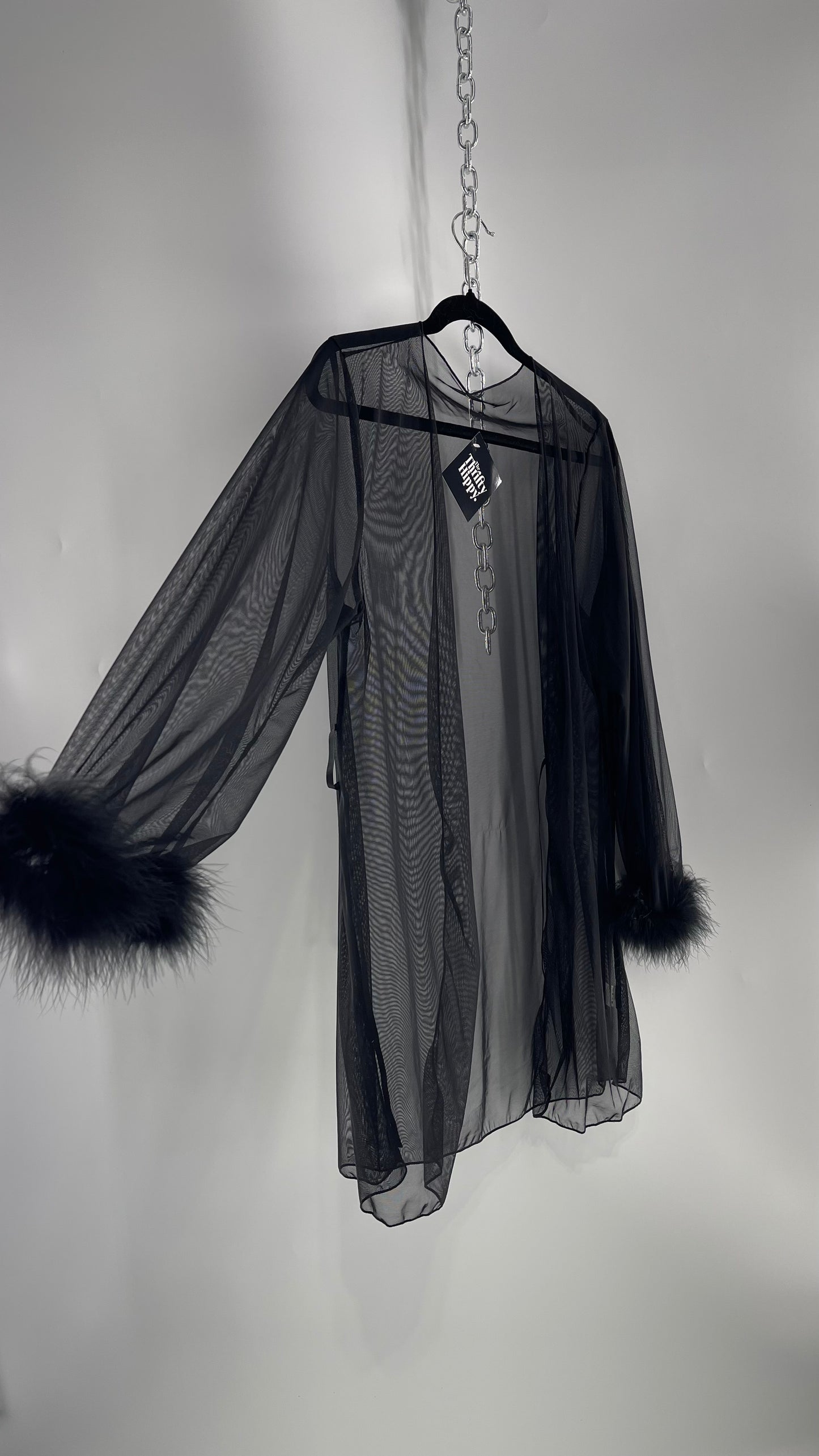 Black Mesh Long Sleeve Toss On with Feather Cuffs (Medium)