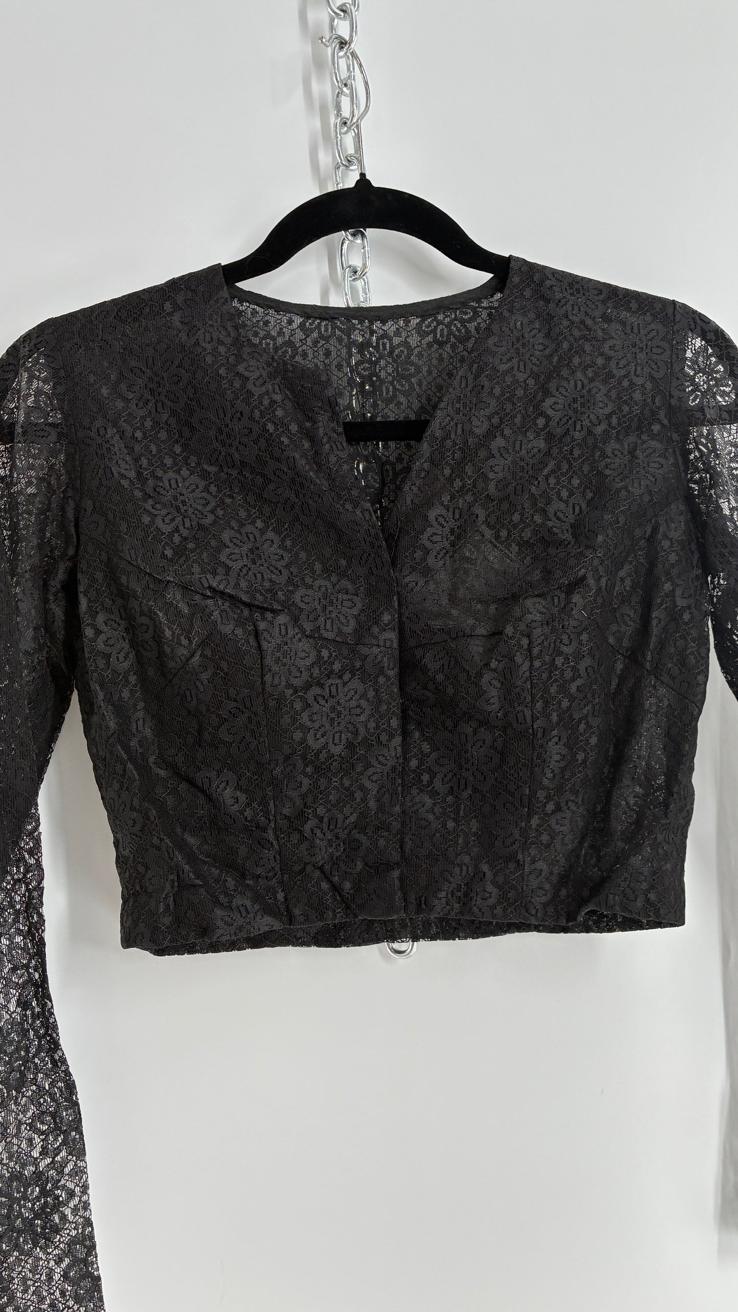 Vintage 1950s Ladies Own Black Lace Cropped Long Sleeve with Bust Stitching (Small)