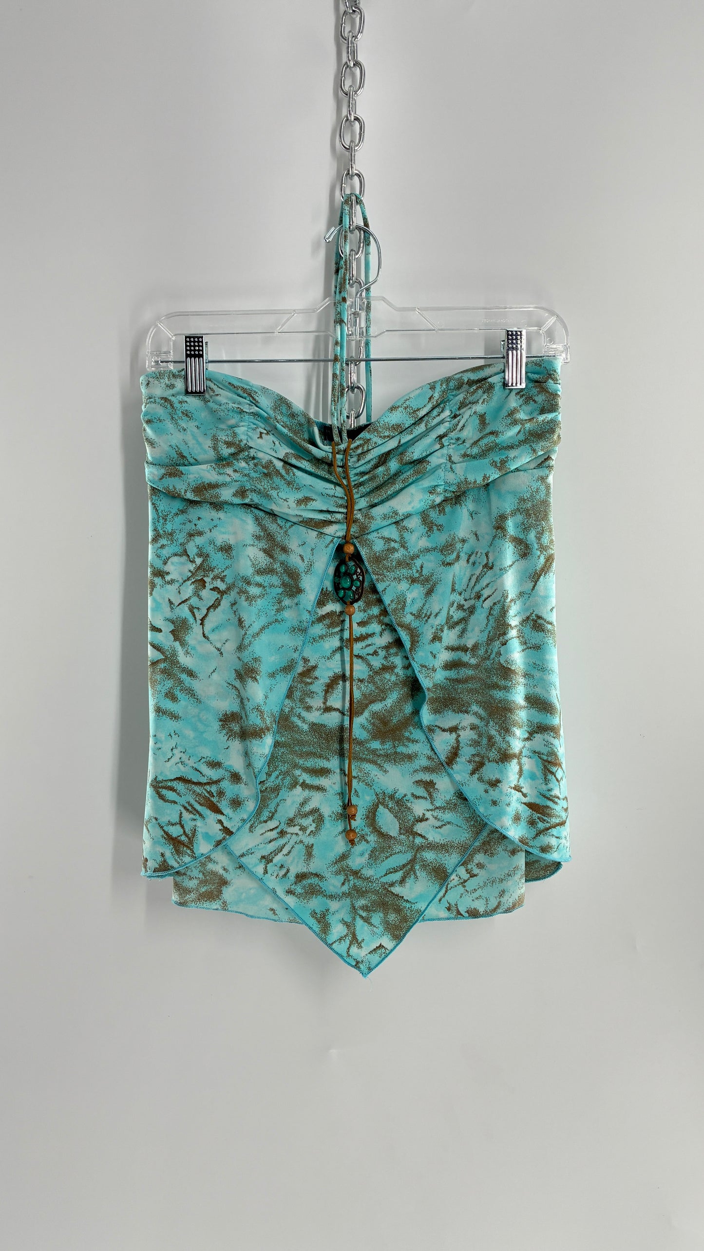 Vintage VENUS Turquoise Handkerchief Hem, Vented Tube Top with Stone Buckle and Choker Detail (M)