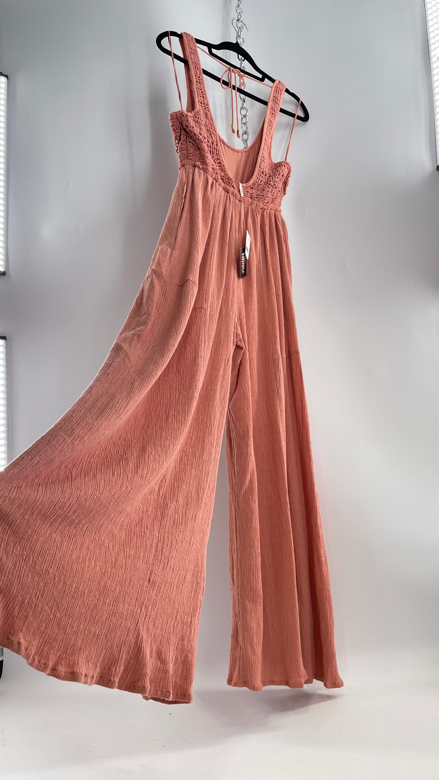 Free People Rose/Peach Pink Wide Leg Jumpsuit with Crochet Bust and Tags Attached (XS)