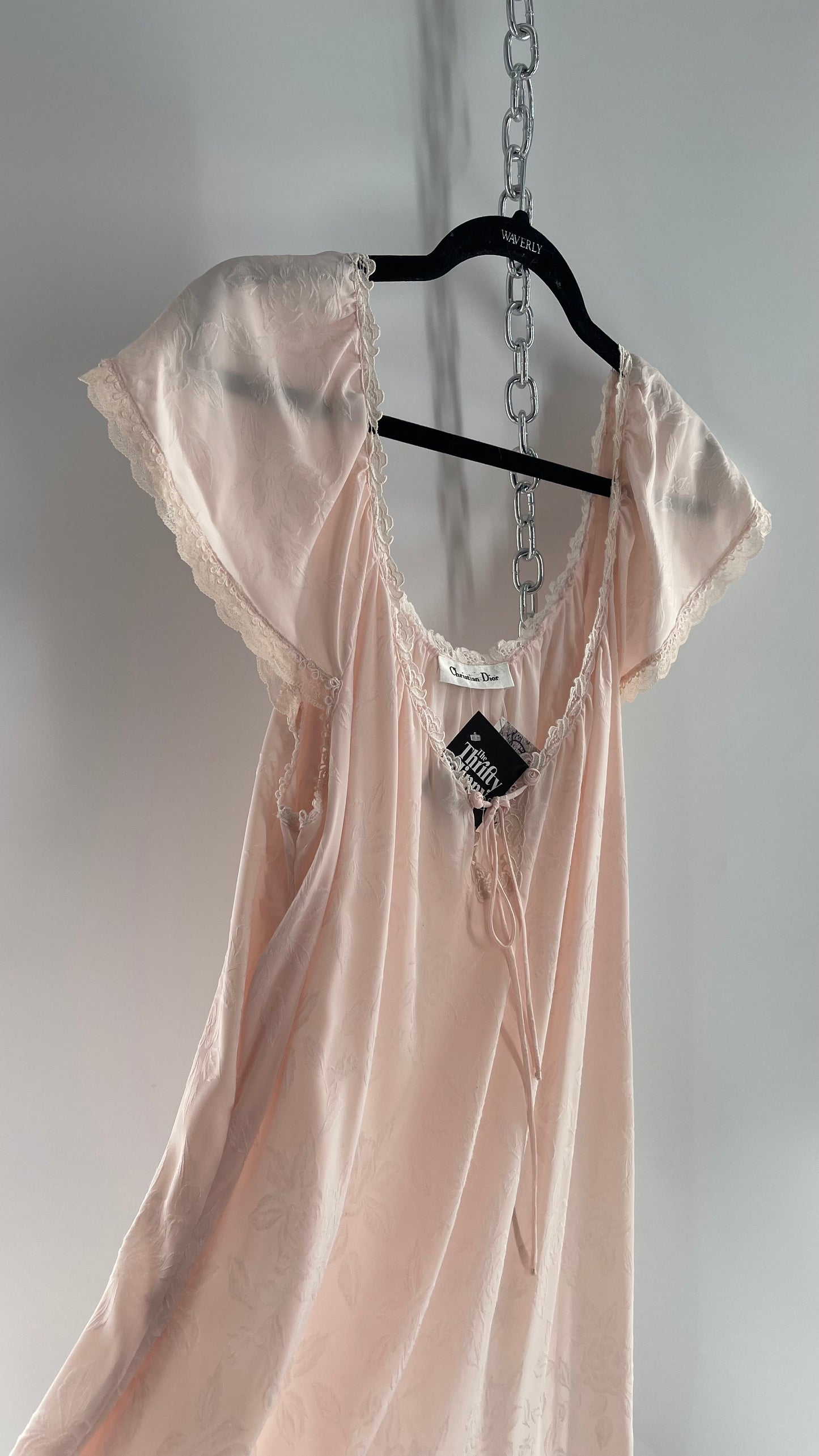 Vintage Christian Dior Pink Night Gown/ Maxi Dress with Floral Embossed Design, Lace Trim and Rosettes (Large)