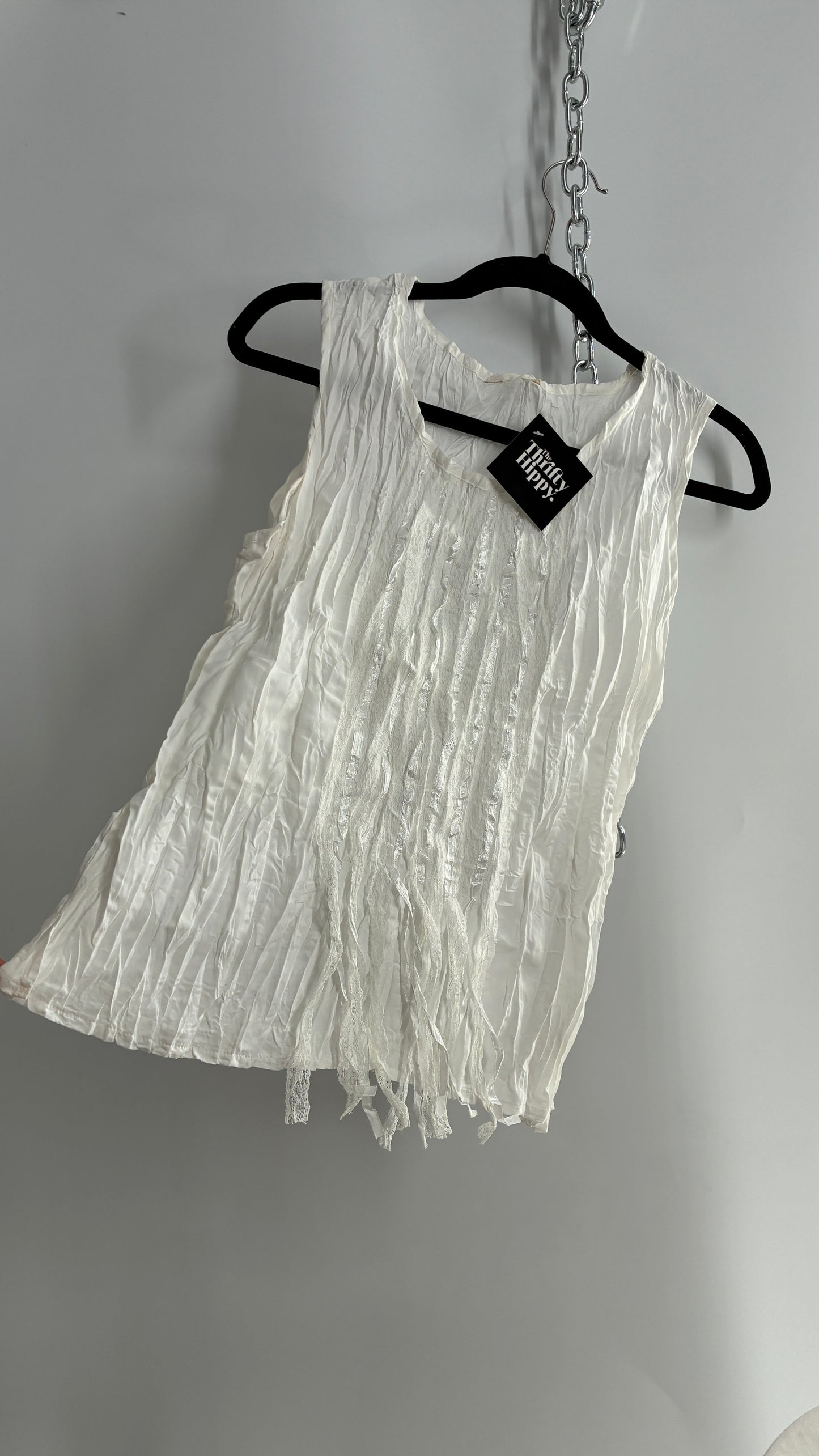 Vintage 1990s Crimped White Camisole with Tassels, Ribbons, and Lace (Medium)