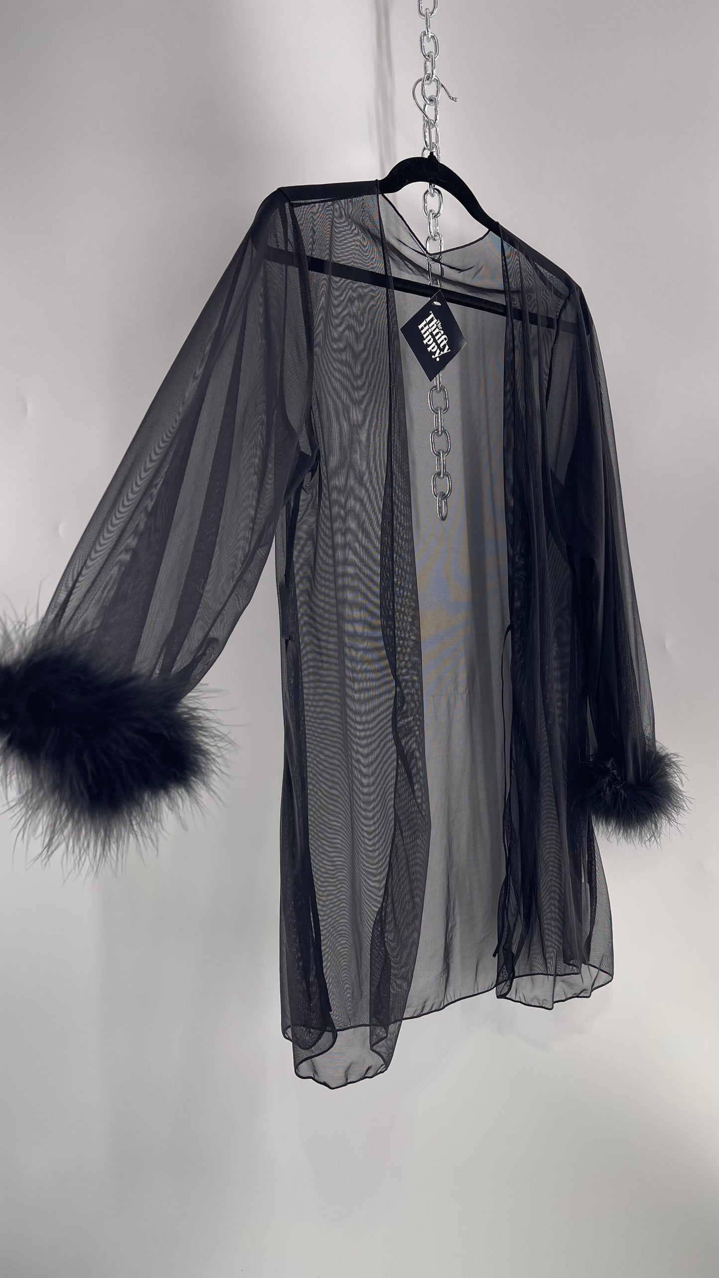 Black Mesh Long Sleeve Toss On with Feather Cuffs (Medium)