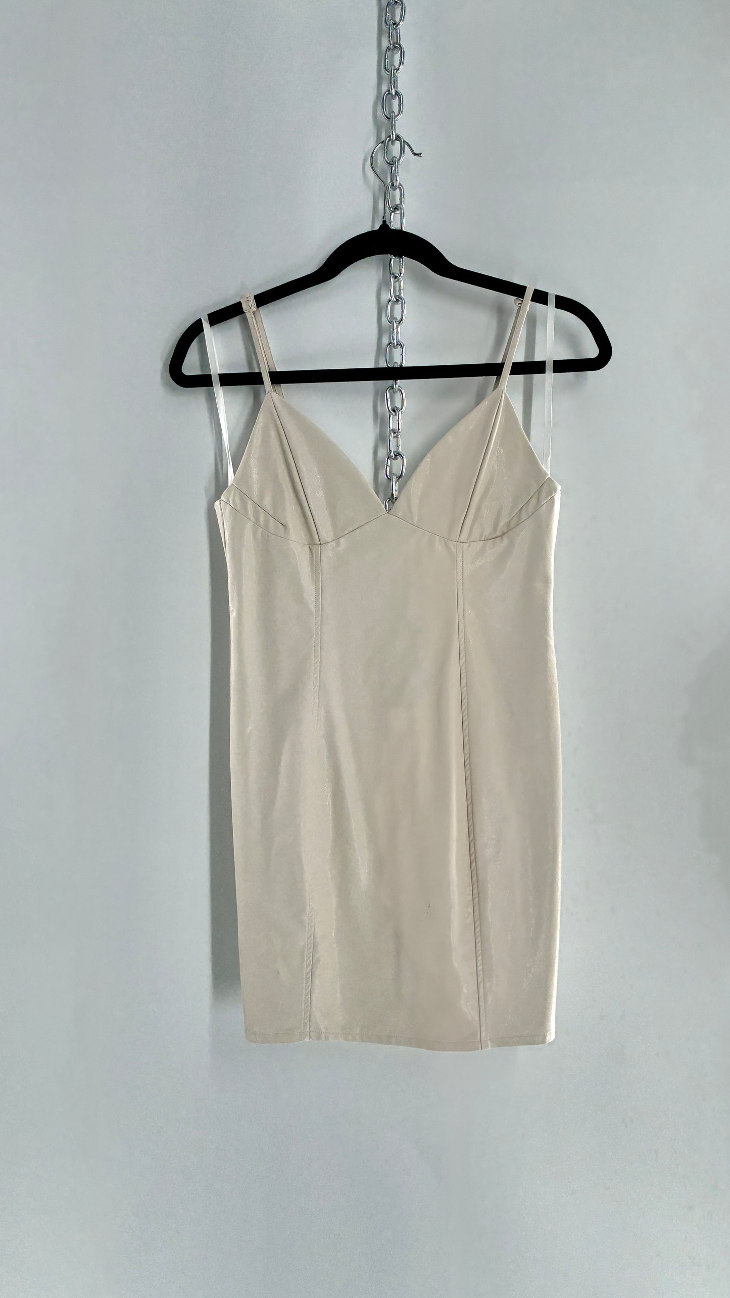 Super Down Vegan White Leather Camisole Mini Dress with Triangle Cups (XS)
