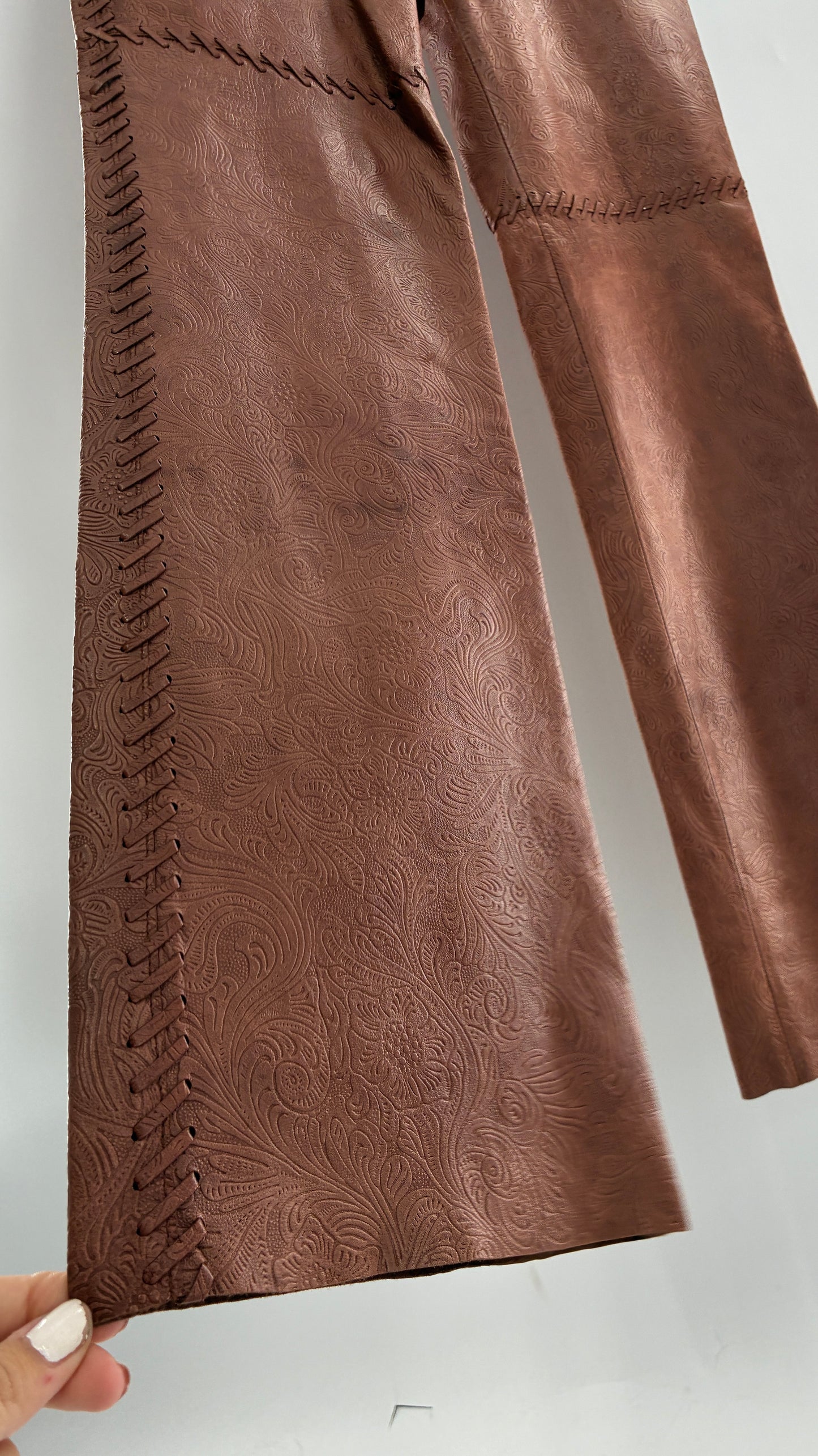 Vintage Embossed Paisley Patterned Genuine Leather Pants with Stitching Details (No Label Unbranded, S)