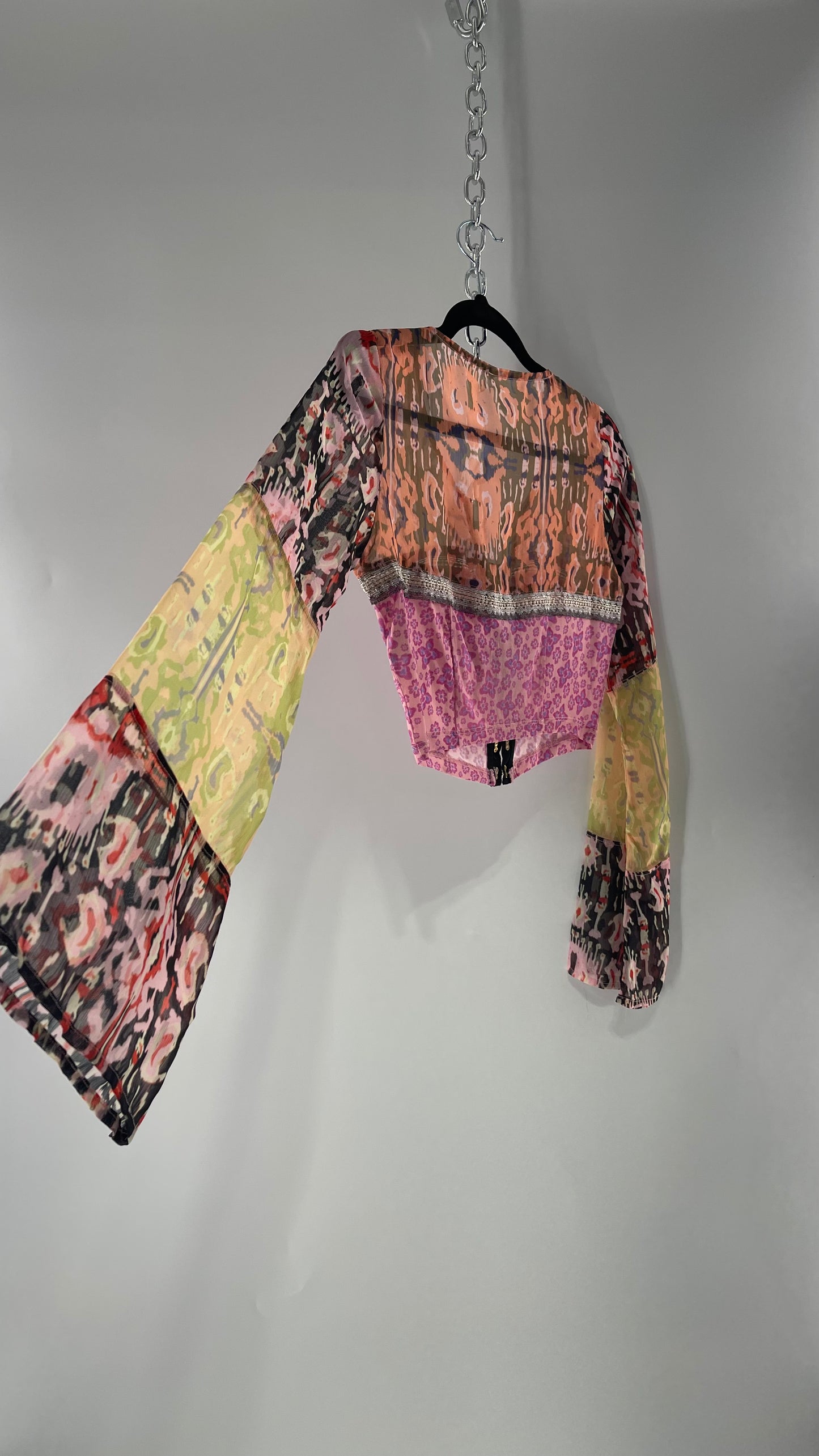 Free People Walk that Walk Mixed Pattern Sheer Bell Sleeve Colorful Crop (XS)