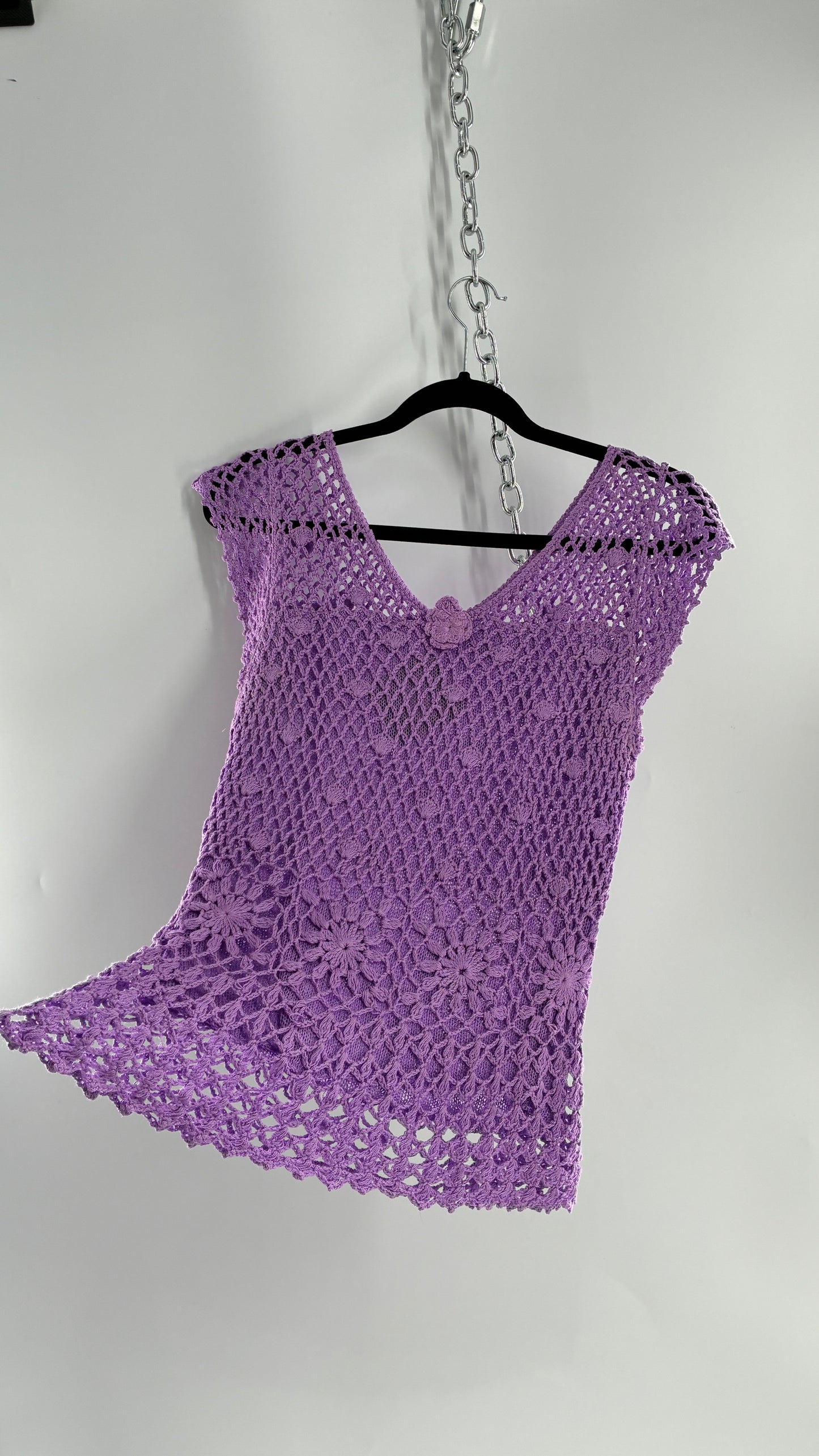 Vintage Lilac/Lavender Handmade Crochet Short Sleeve Double Layered Blouse with Rosette (S/M, stretchy)