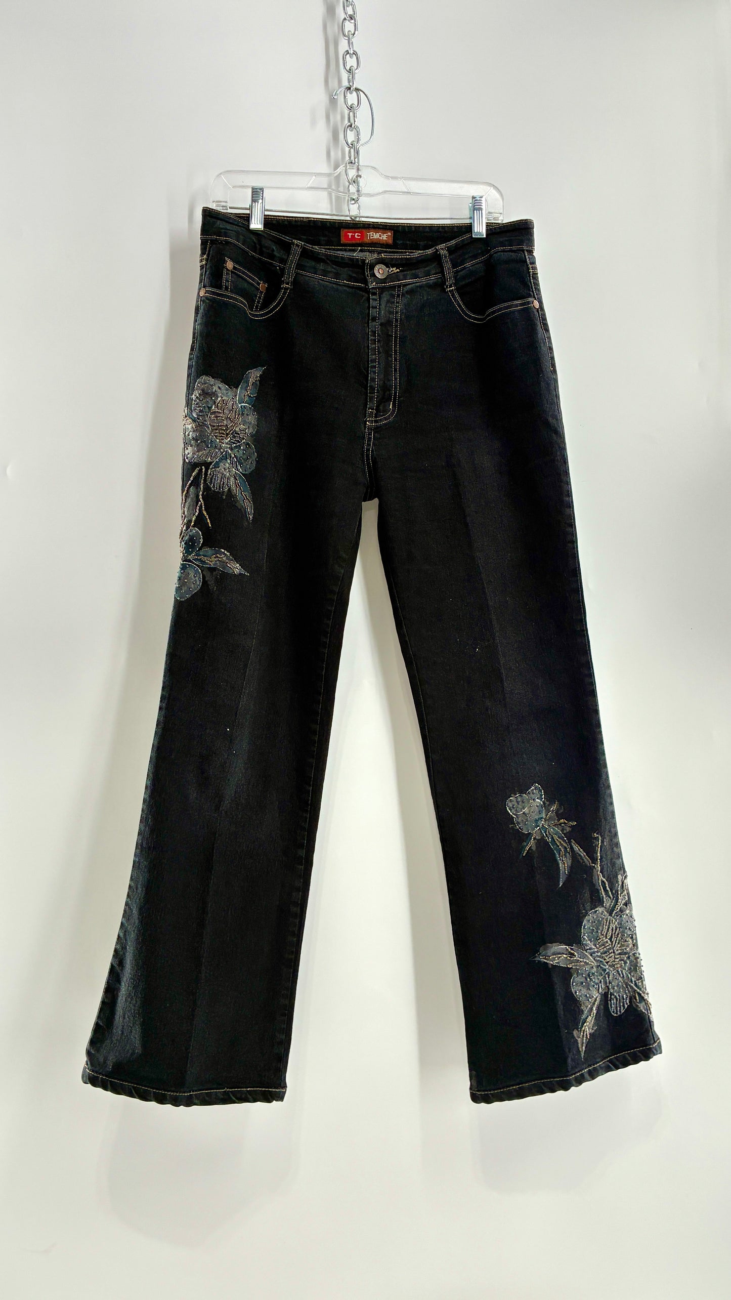 Vintage TEMCHE JEANS Dark Wash Jeans with Painted, Beaded Florals
