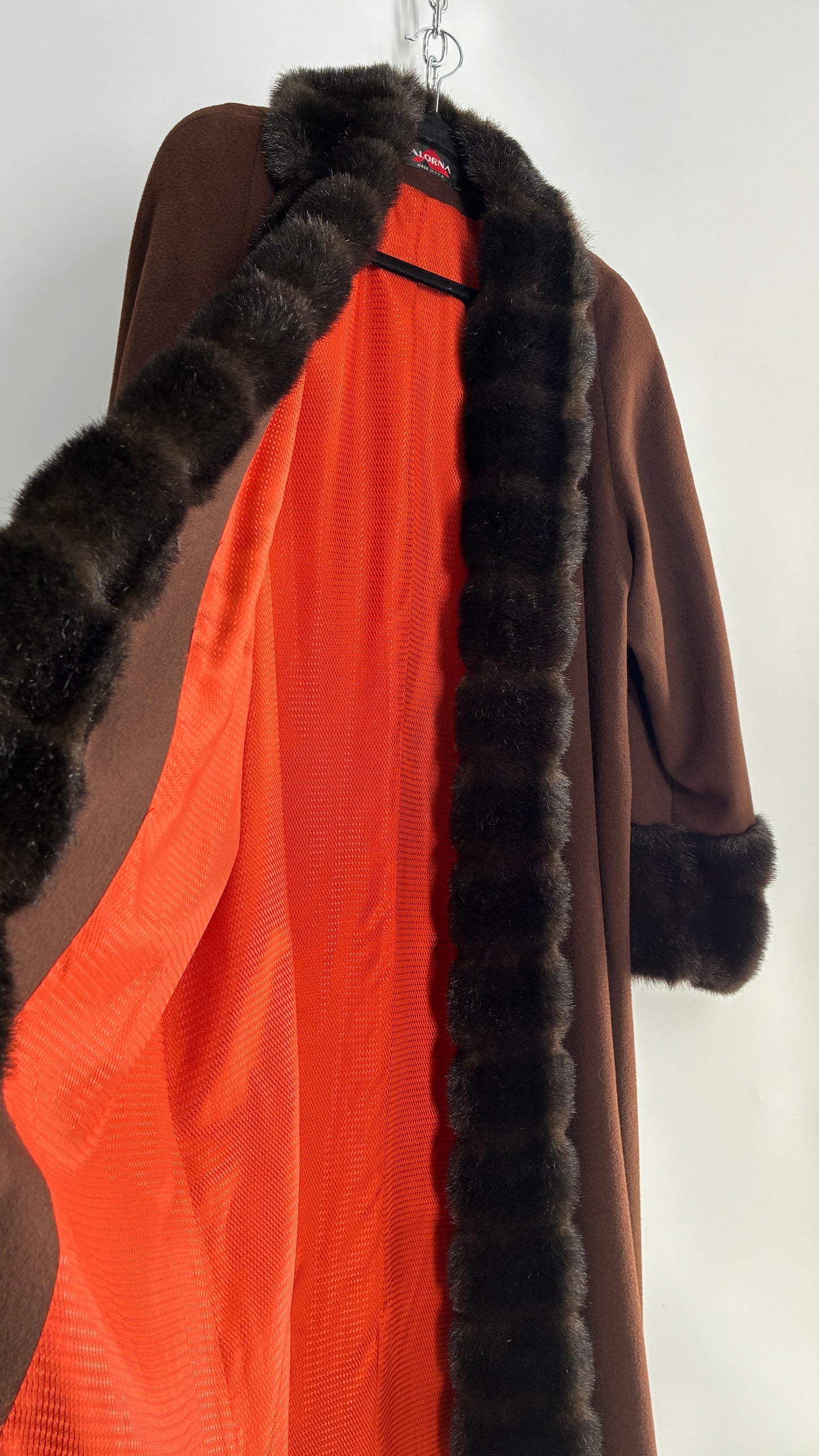 Vintage ALORNA Brown 75% Wool Duster, Full Length Coat with Vegan Fur Pom Pom Trim (12)