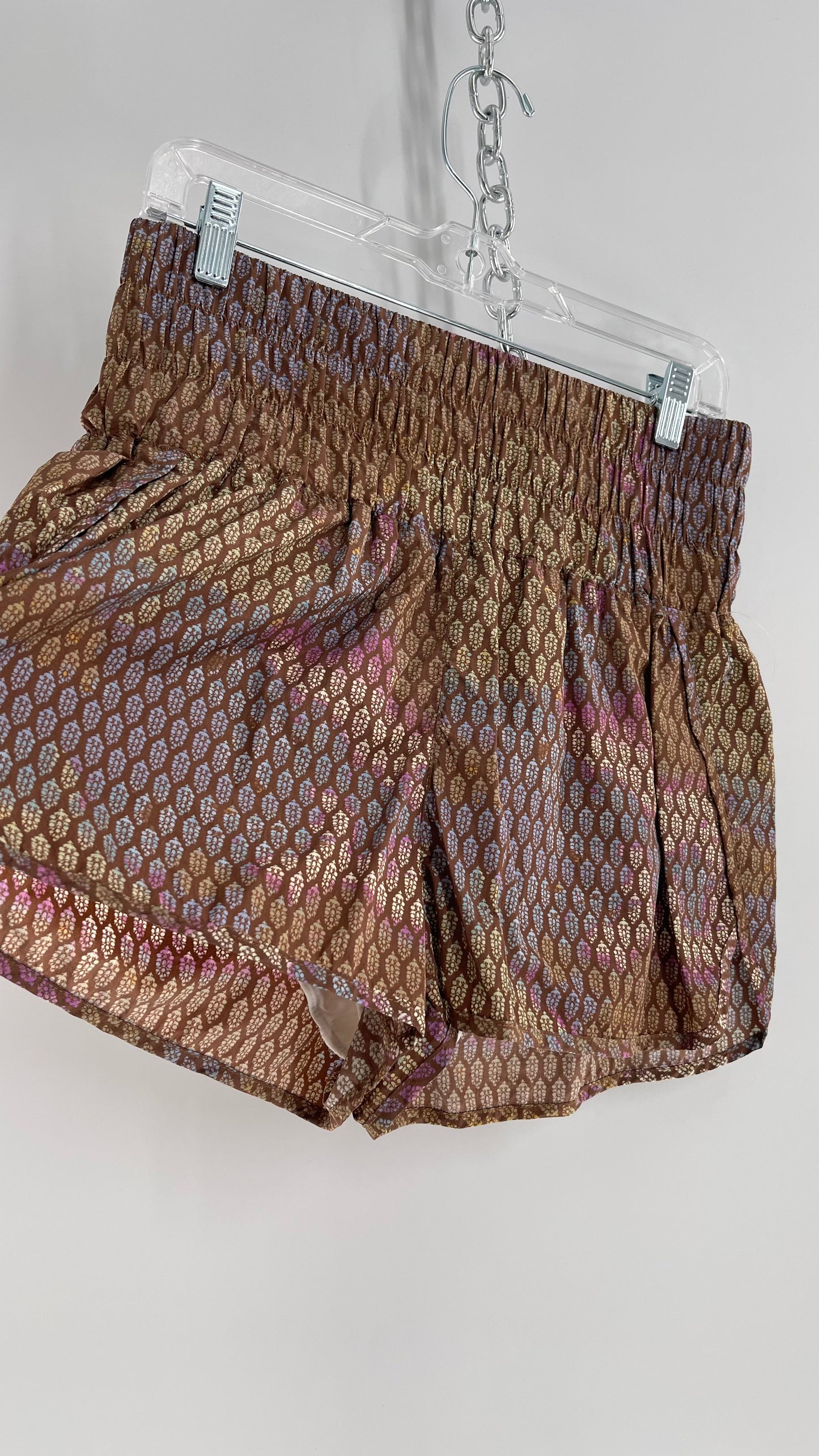 Free People Brown Patterned Parachute Shorts with Wide Waist Band (Large)