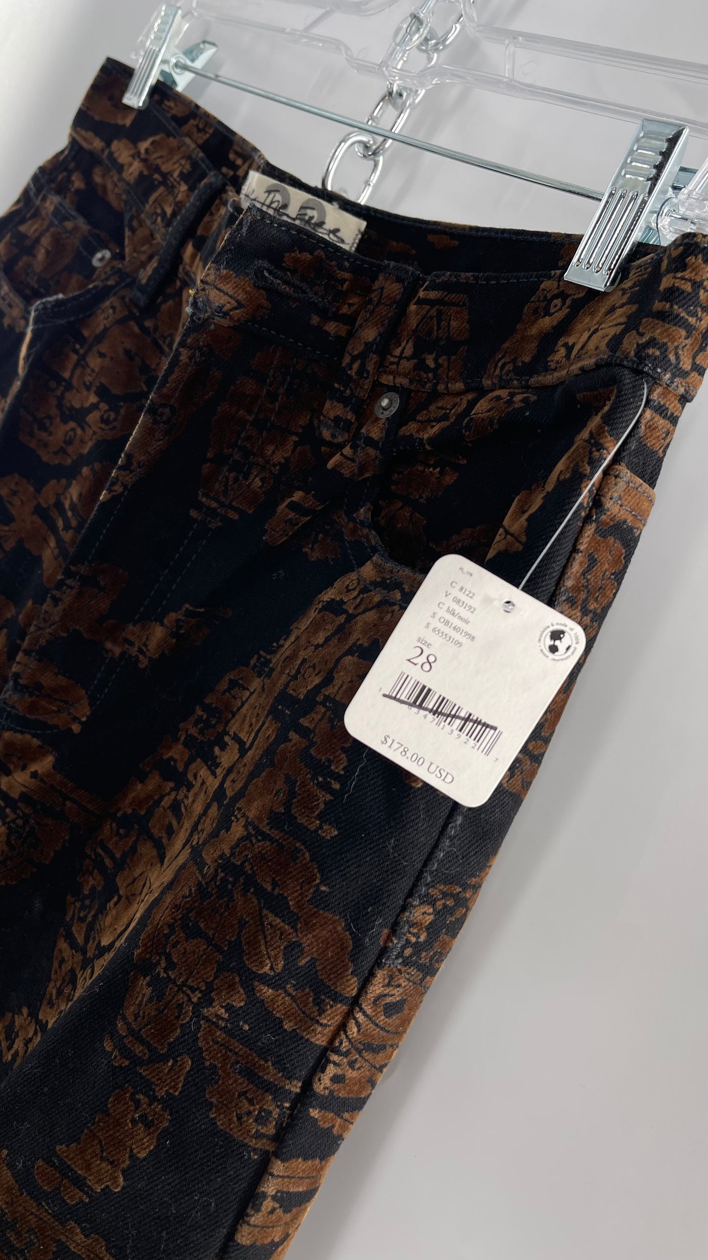 Free People Black/Brown Velvet Texture Graphic Straight Legs with Raw Edge Hem and Tags Attached (28)