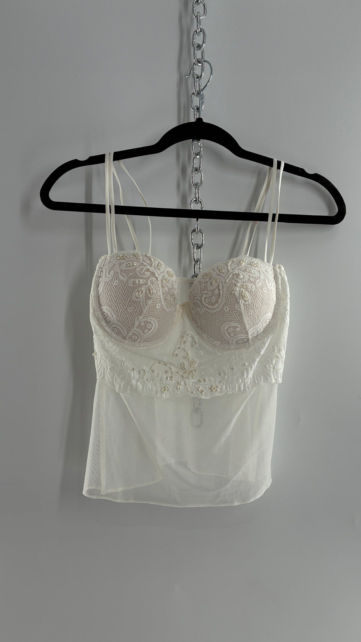 Vintage LA FRESCA White Lace Bustier Babydoll with Mesh Bodice and Beaded Cups/Band (Large)