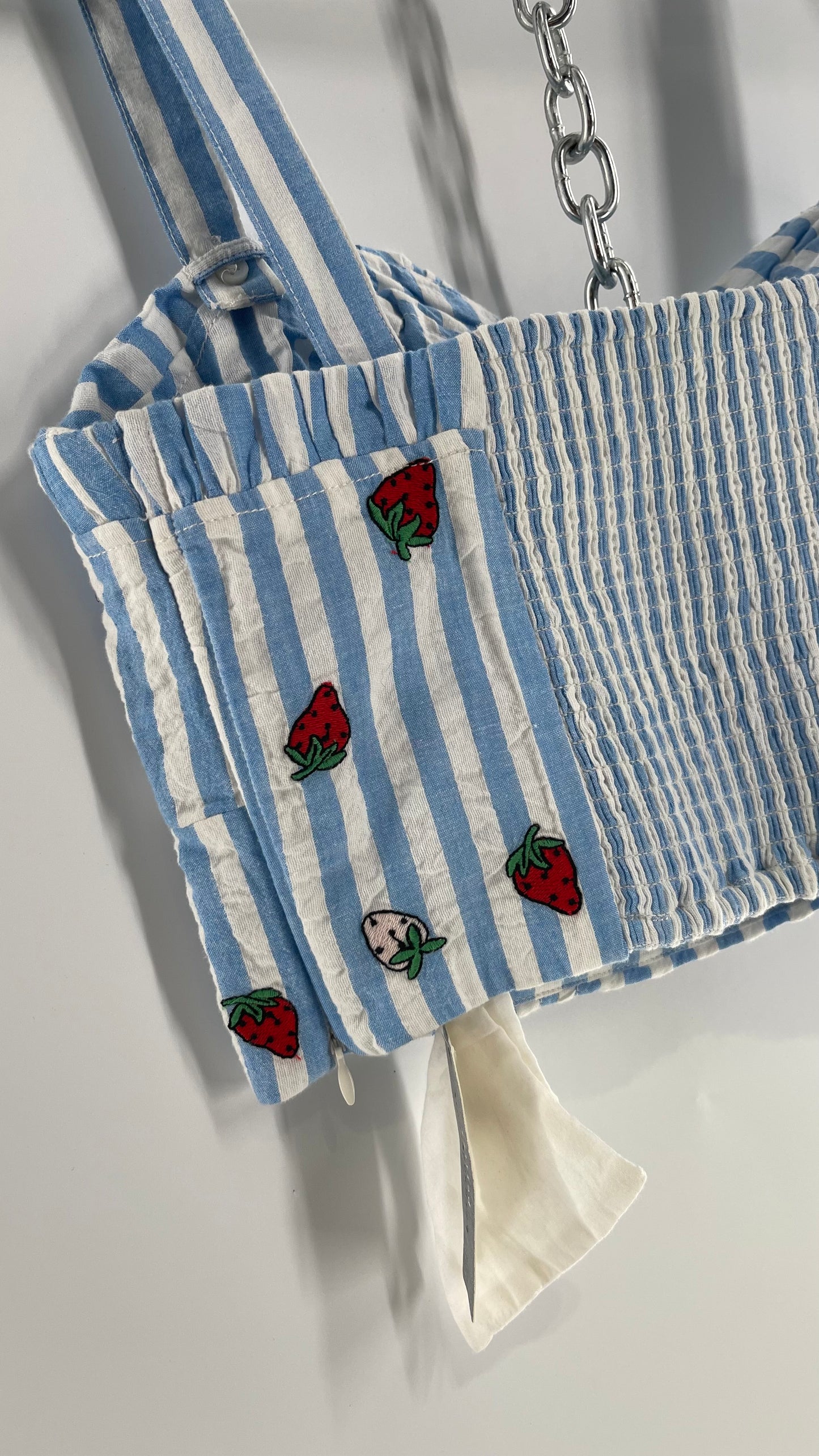 Maeve Anthropologie Baby Blue White Striped Corset Like Crop with Embroidered Strawberries (6)