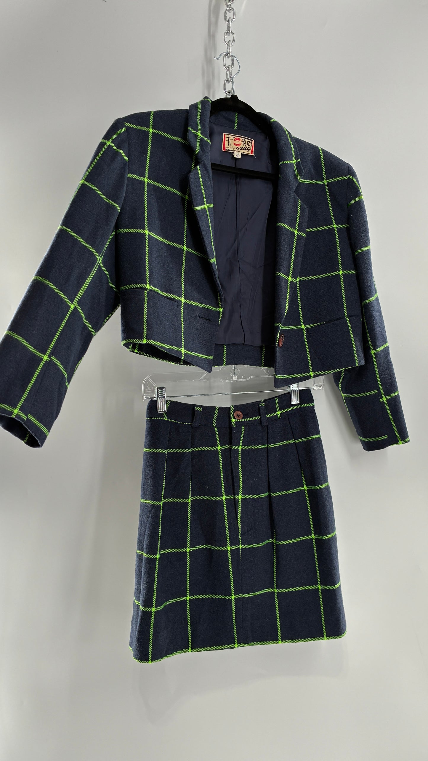 Vintage FIORUCCI GANG Navy and Neon Green Plaid Suit Set with Cropped Blazer and Mini Skirt (40,42)