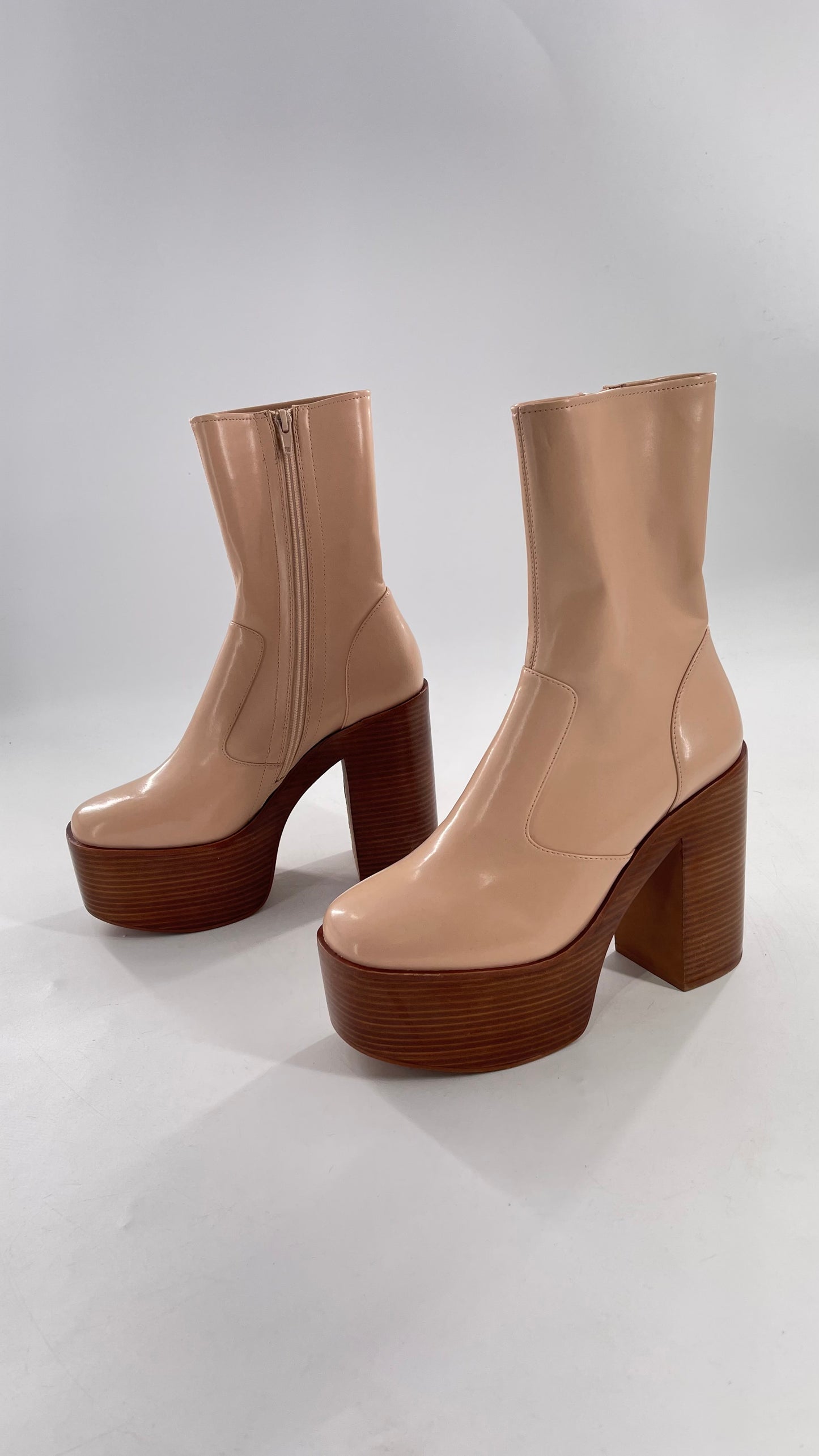 Free People X Jeffrey Campbell Mexique GoGo Boots • Beige Patent Boot with Wood Grain Chunky Block Heel and Platform (9)