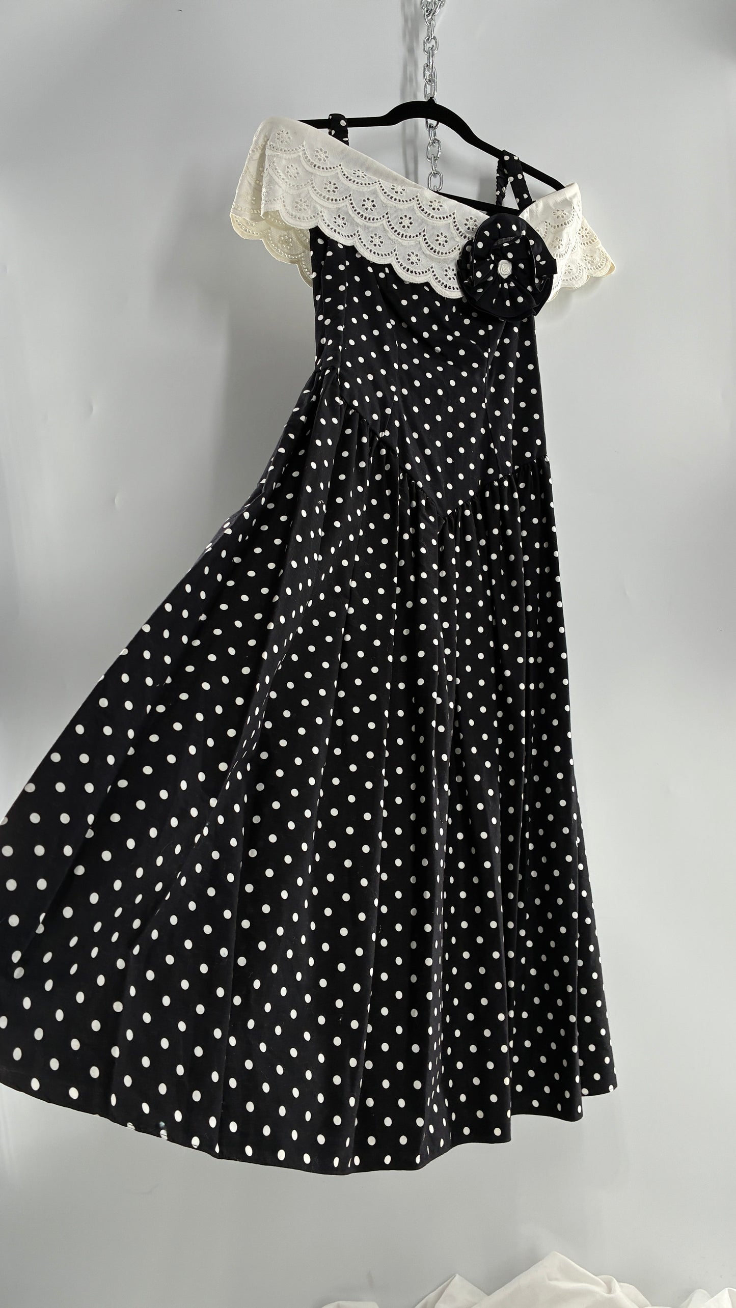 Vintage Handmade Black and White Polka Dot Pointed Waistline Gown with Off the Shoulder Stiff Lace Straps and Rosette Detail (8)