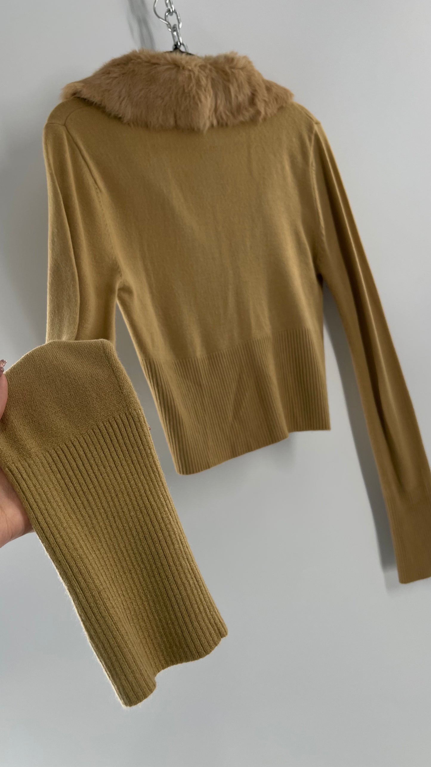Vintage XOXO Tan Fasten Bust Cropped Cardigan Shrug with Genuine Rabbit Fur Exaggerated Collar (Large)