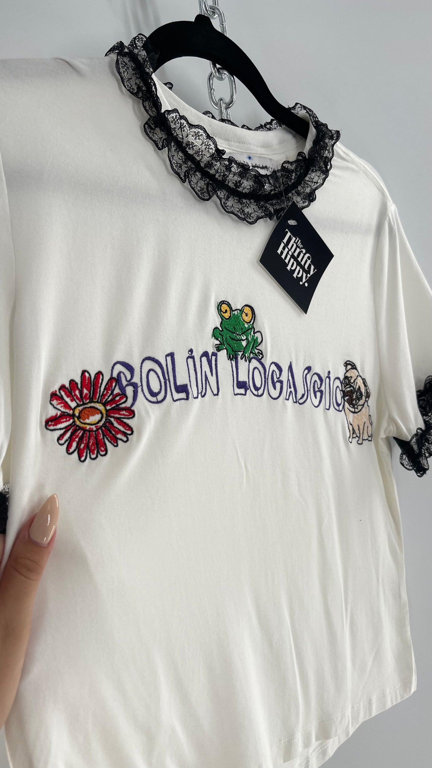 Colin Locascio Tannie T Shirt White Black Lace Ruffle Sleeves Frog Embroidery (Small)