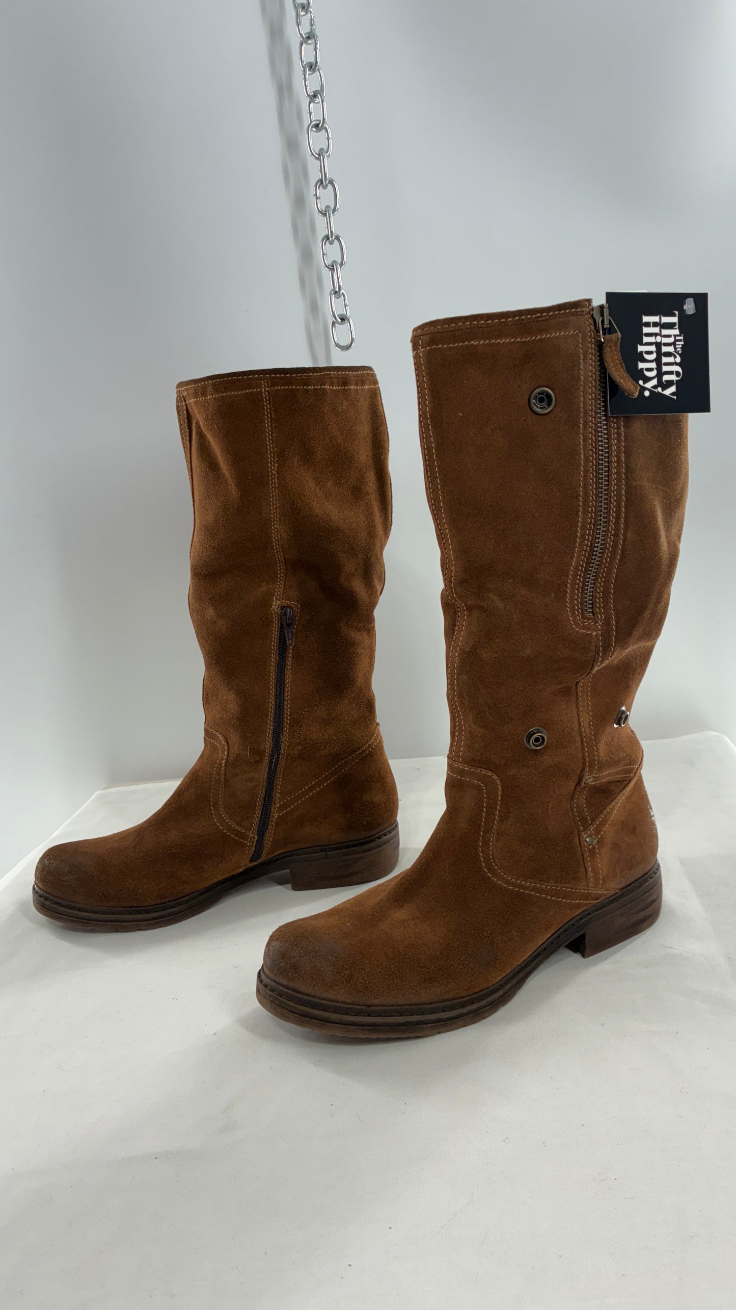 MANAS Brown Suede Leather Combat Style Boots with Fold Over Option (40)