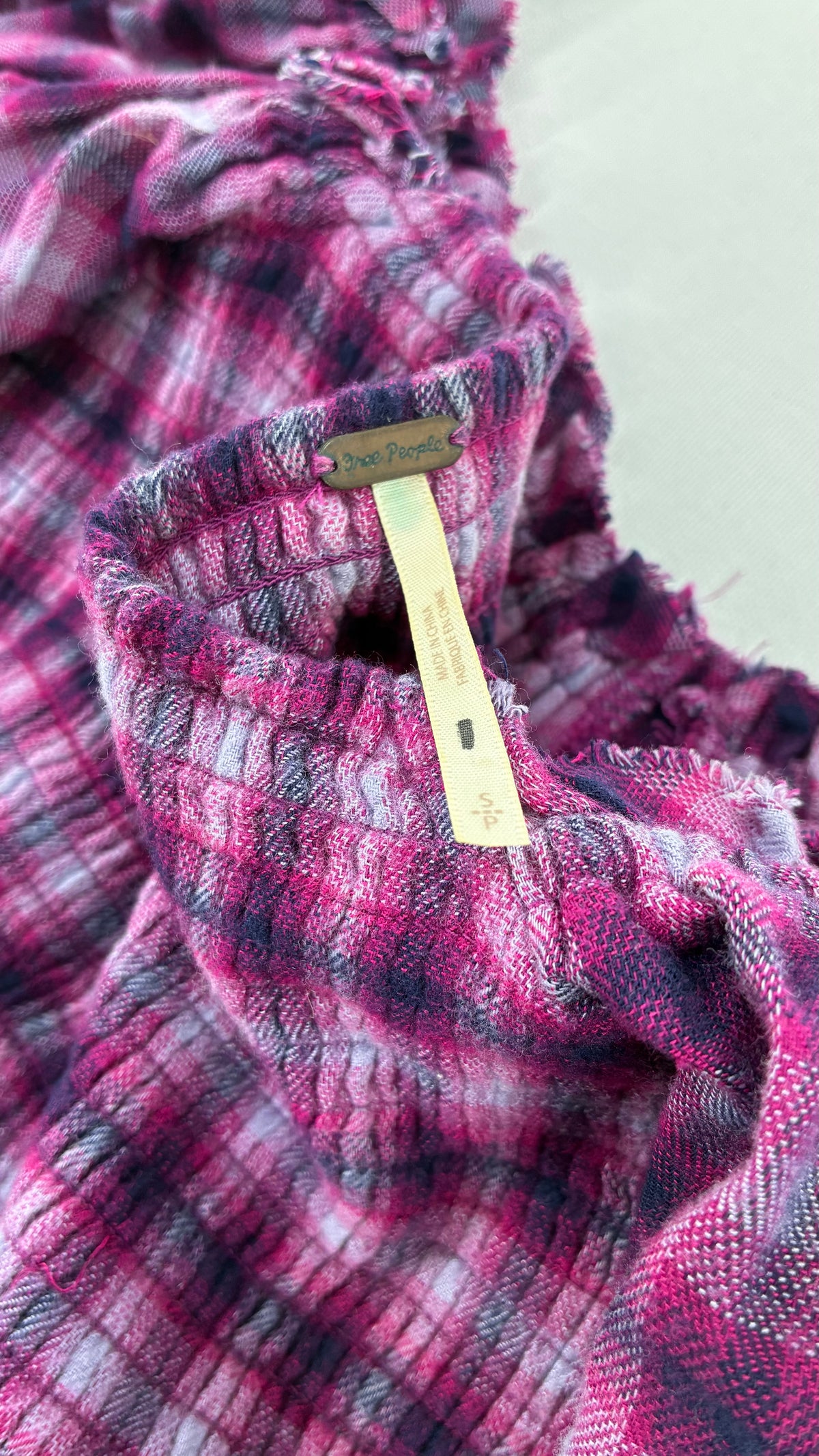 Free People Purple Plaid Bubble Sleeve Blouse with Milkmaid Bust (Small)