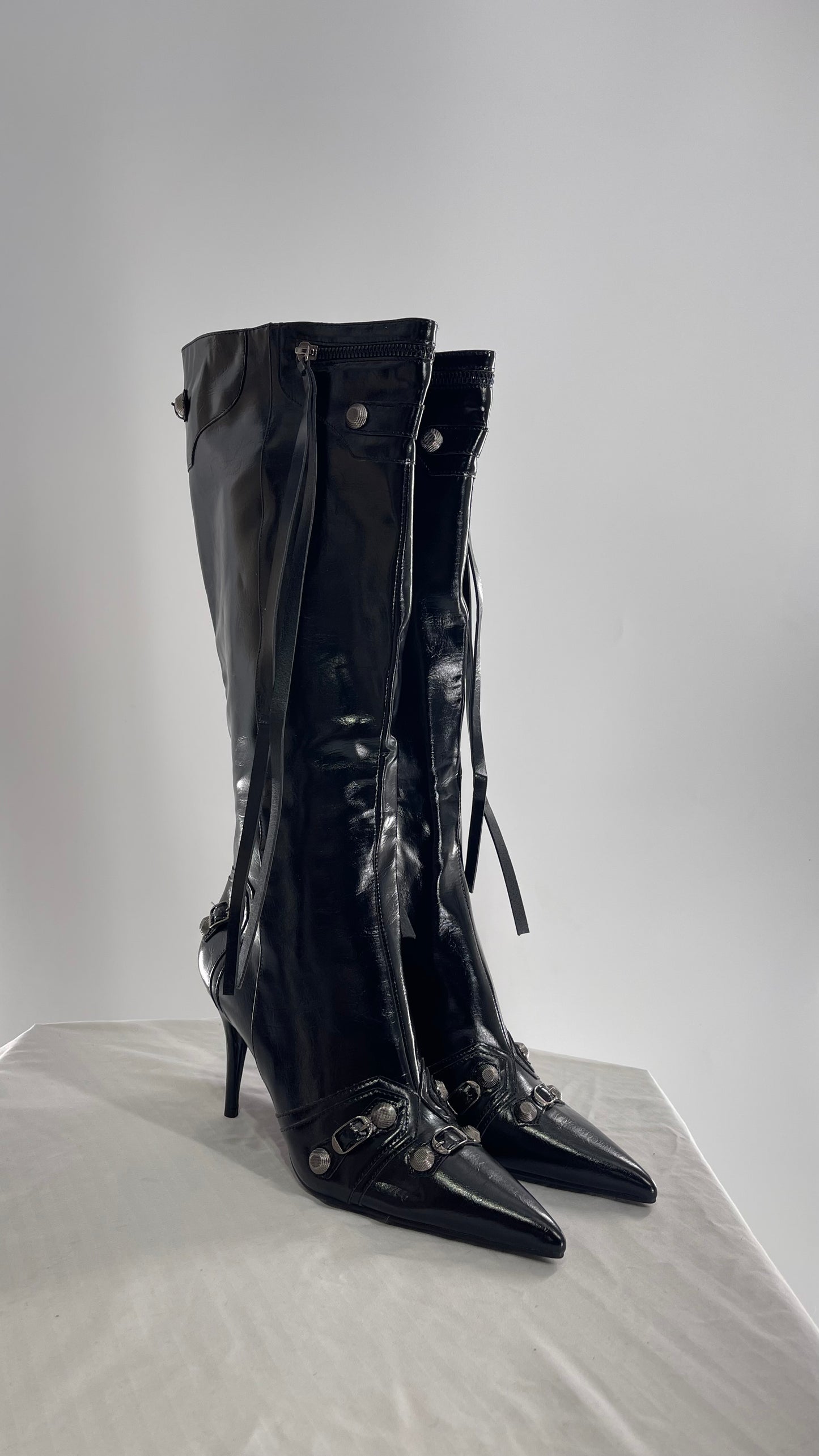 Black Pointed Toe Strappy Heeled Knee High Boots with Metal Hardware Details (10)