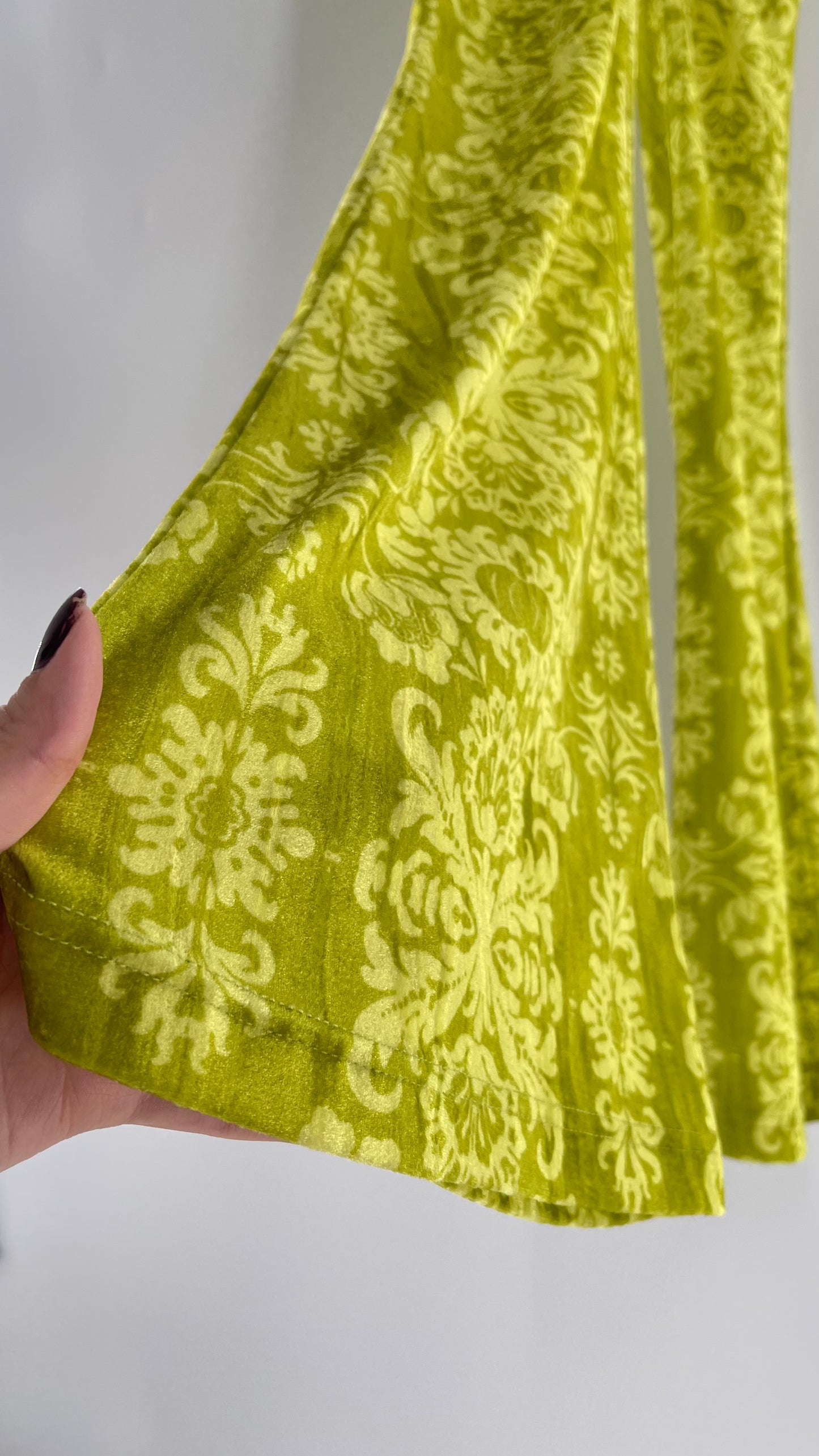 Urban Outfitters Chartreuse Green/Yellow Velvet Lace Patterned Flares with Scrunch Front  (XS)