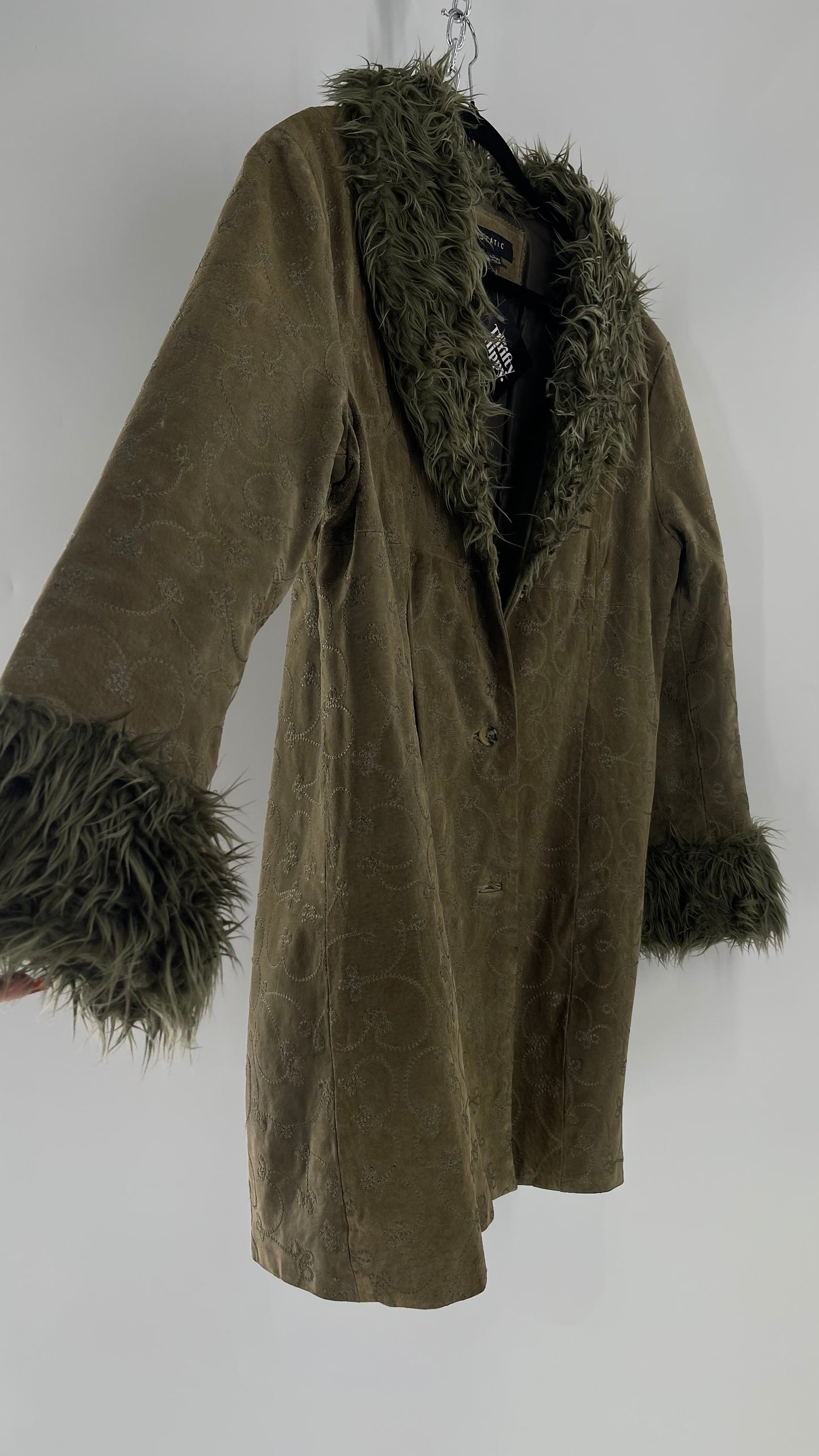 Vintage STATIC Embroidered Genuine Leather Coat with Fur Cuffs and Collar (C) (XL)