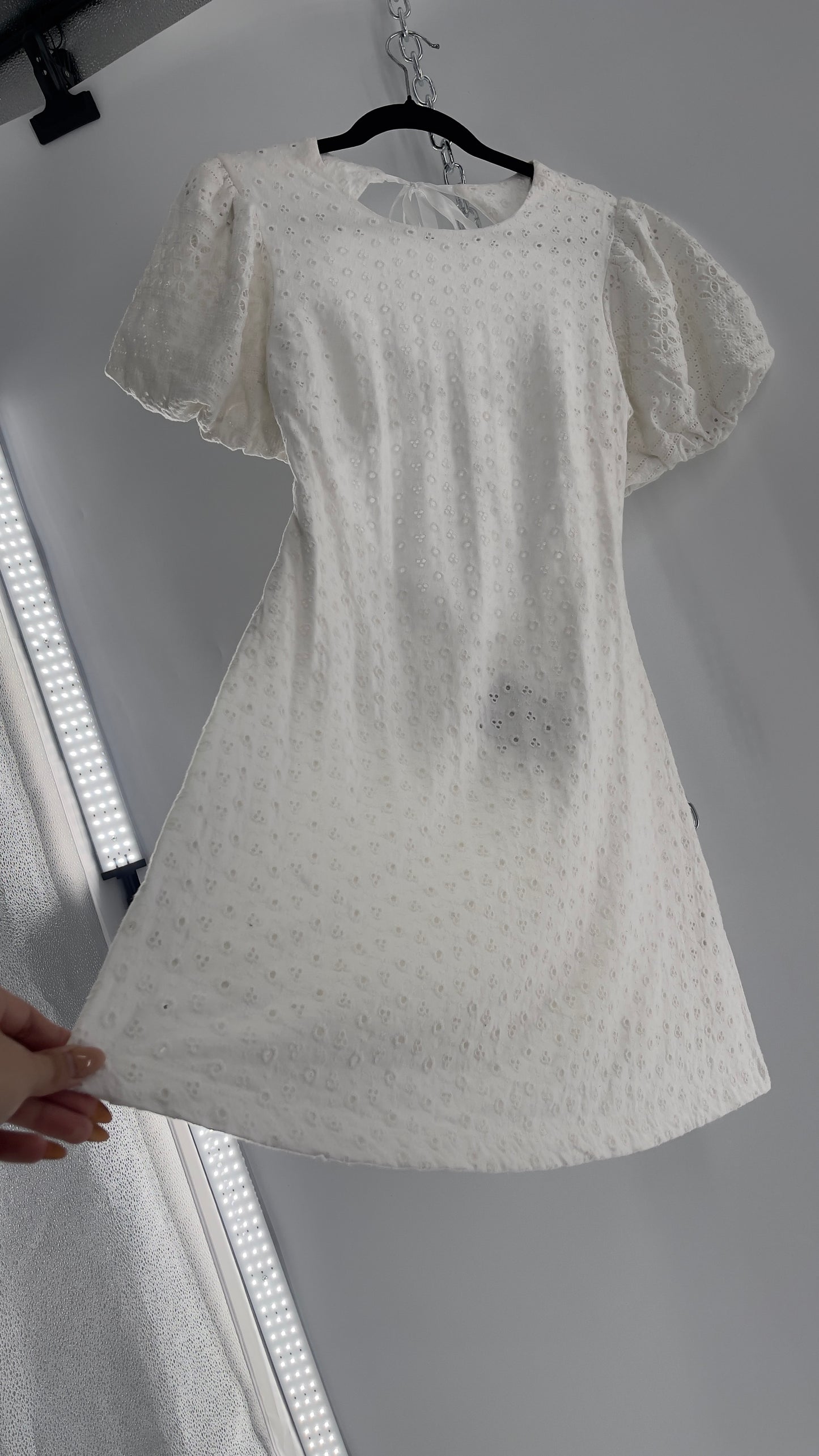 Free People White Eyelet Mini Dress with Puff Sleeve and Open Back (XS)