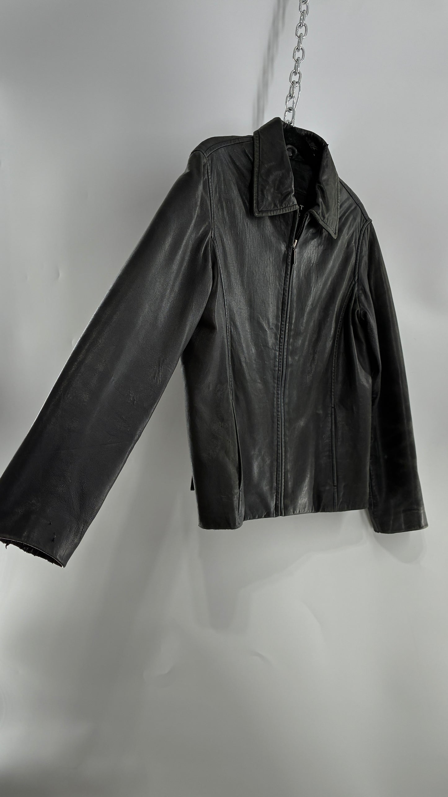 Vintage WINLIT New York Black Leather Collared Zip Front Paneled Jacket (Large)