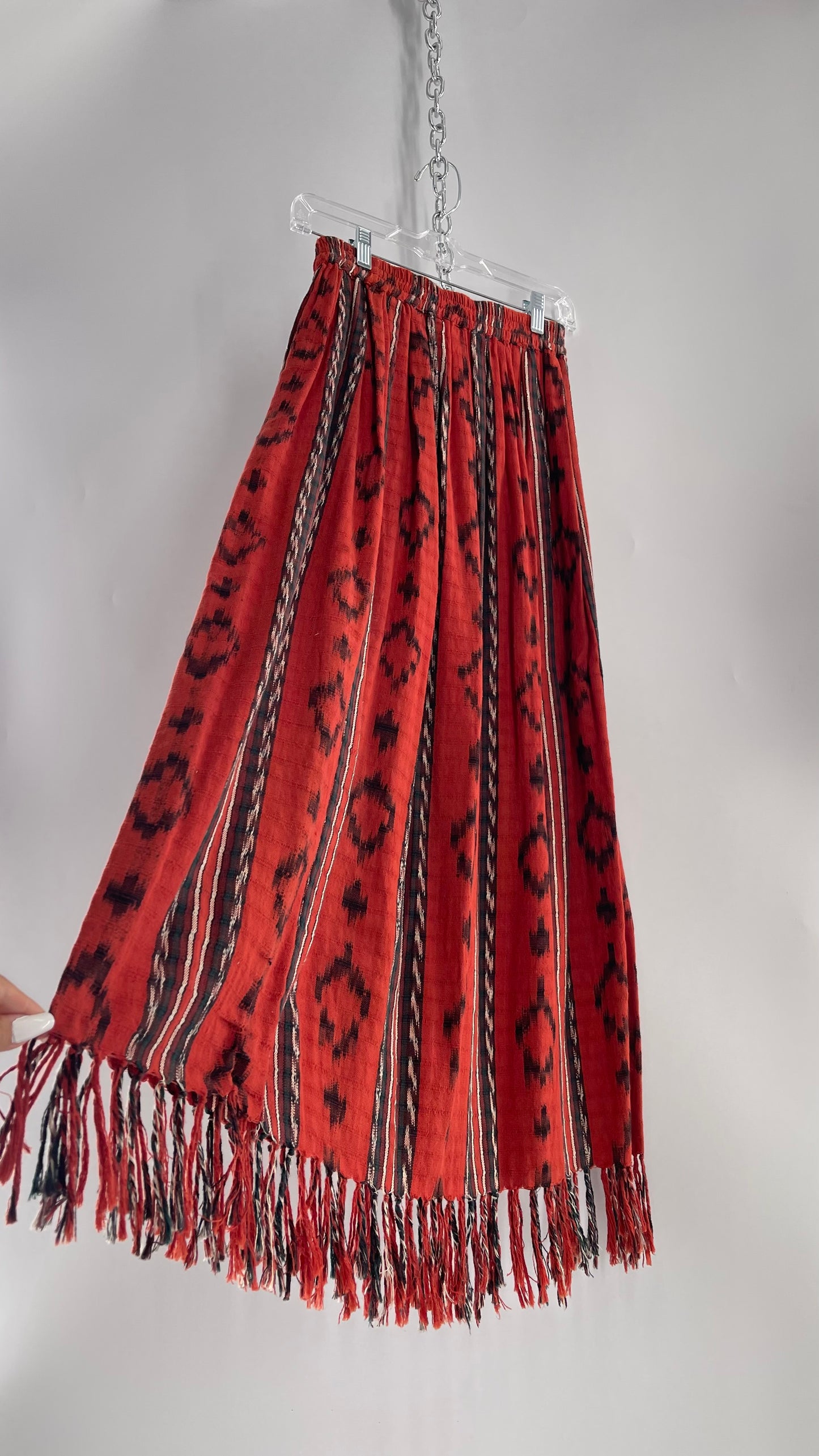 Vintage 100% Cotton Hand Woven Moon Weaver Burnt Orange Dessert Skirt  with Fringe (M/L)
