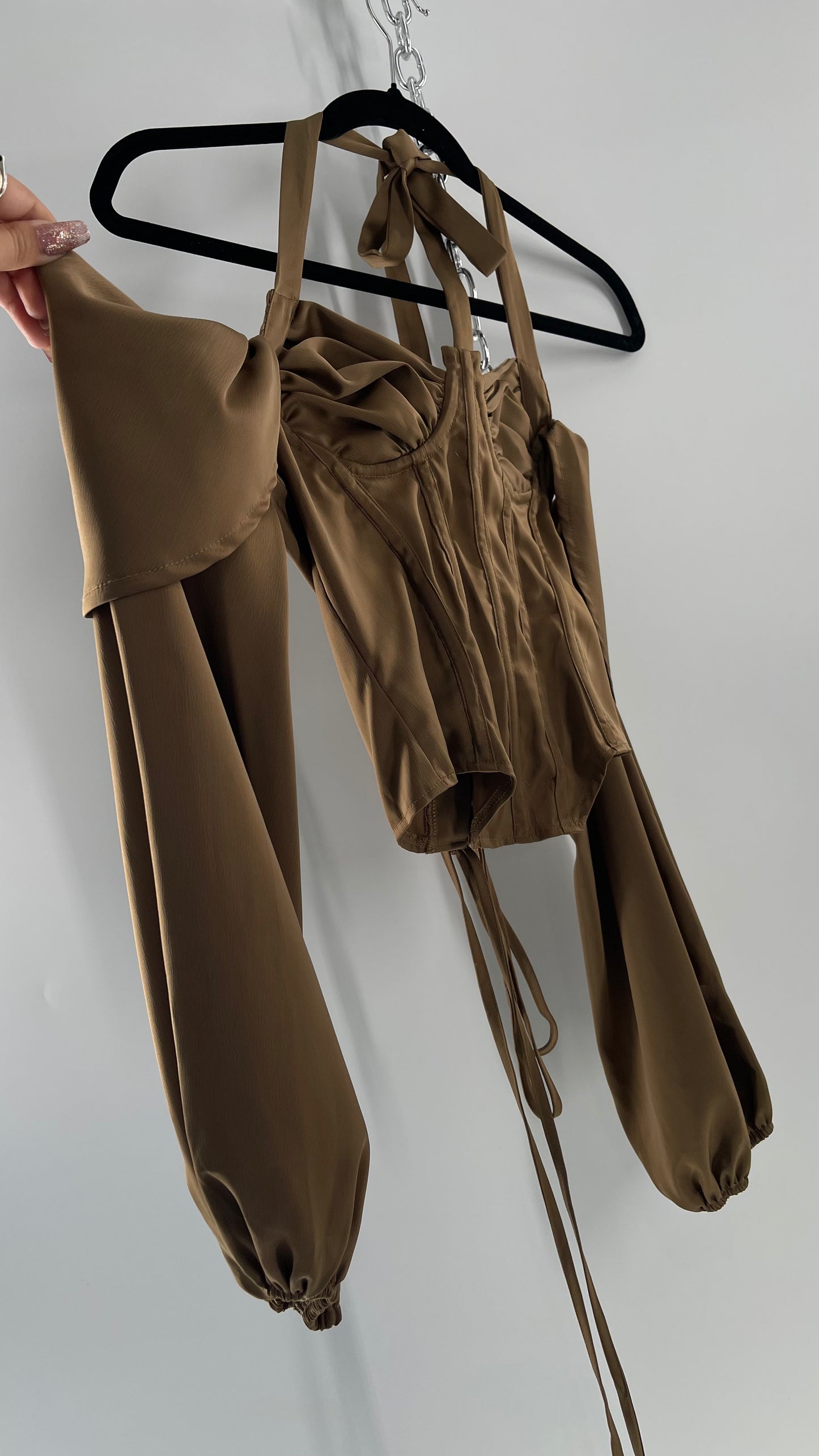 Pretty Little Thing Tan/Gold Corset Blouse with Draped Shoulders, Balloon Sleeves, Halter Strap and Lace Up Back (4)