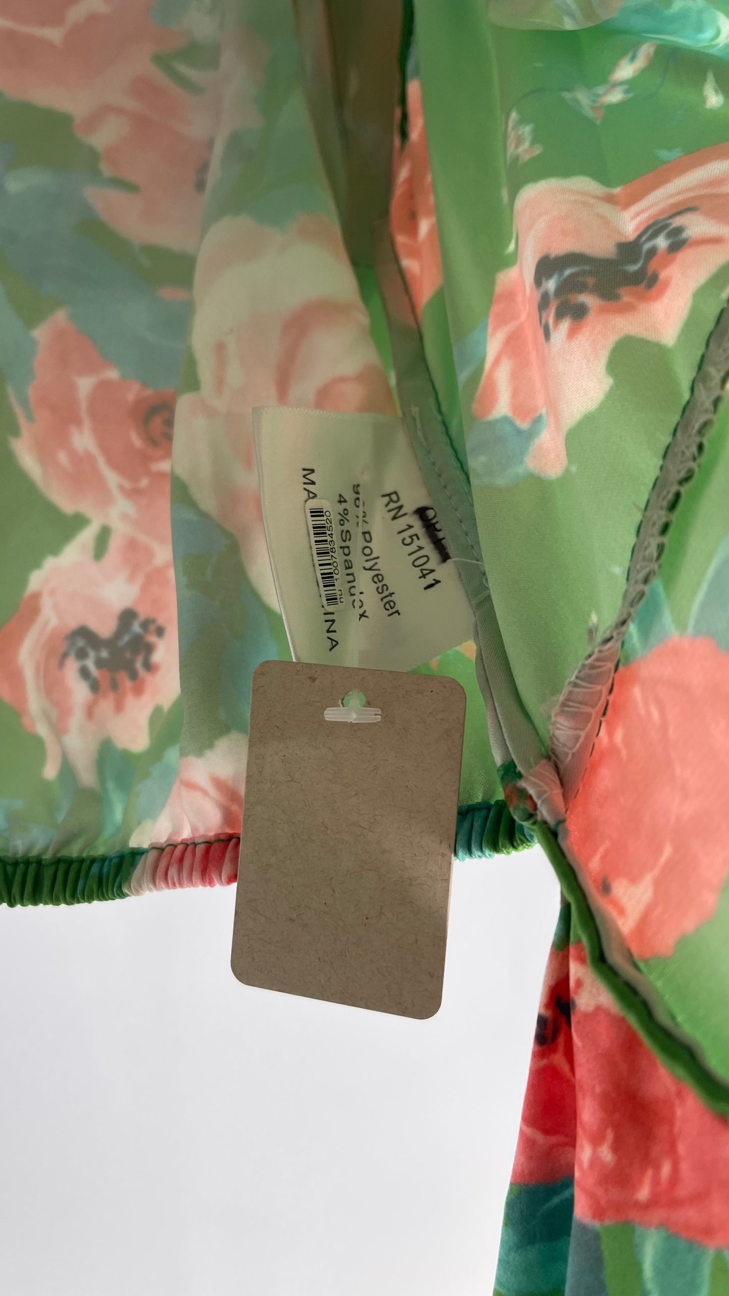 OPI Green Floral Puff Sleeve Open Tie Back Blouse (small)