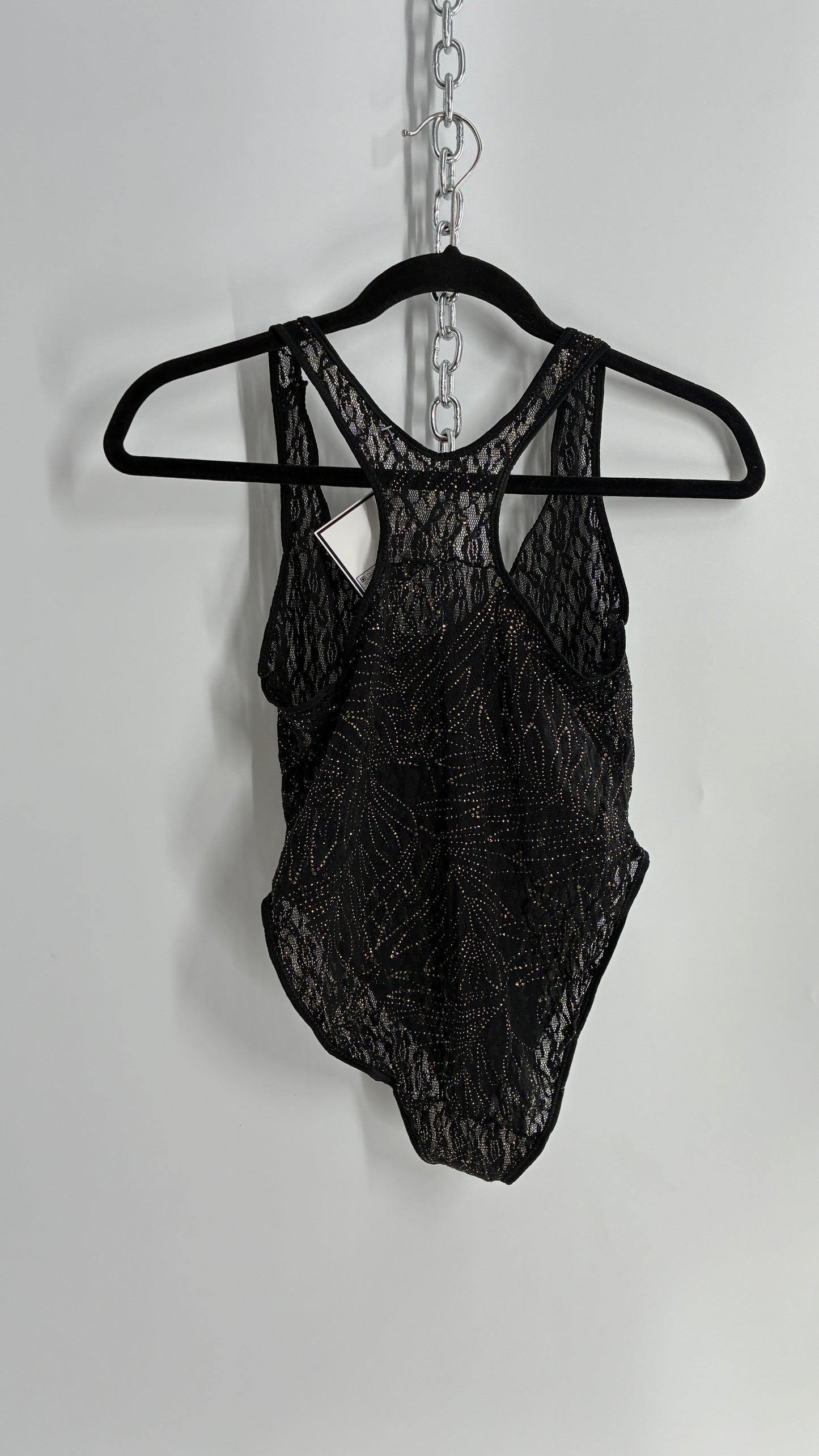 Vintage 1990s Sheer Black Bodysuit with Gold Glitter Foliage Pattern (Large)