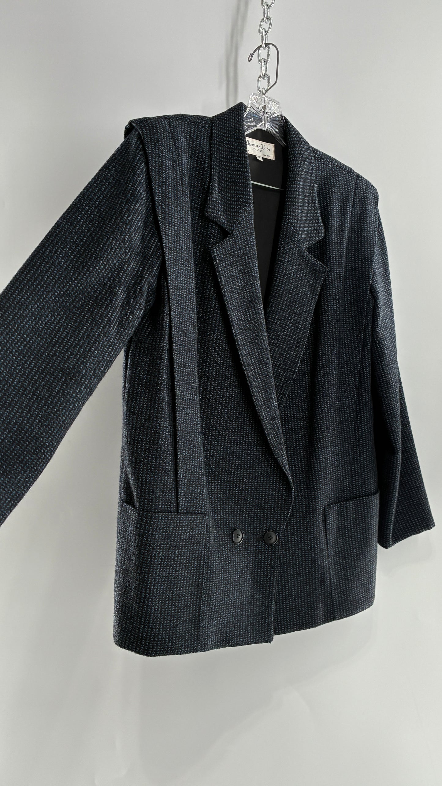 Vintage CHRISTIAN DIOR Navy Woven Maxi Skirt and Oversized Lapel Style Blazer with Padded Shoulders (8)