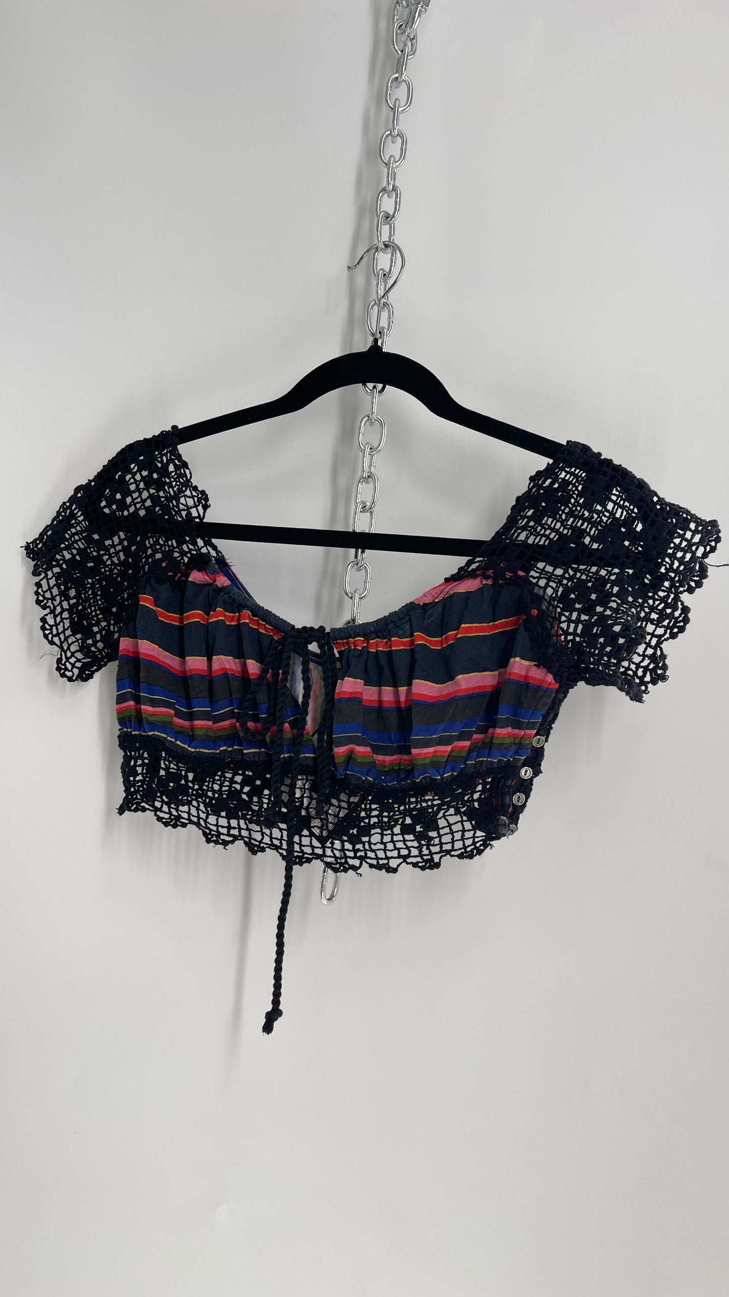 Free People Black Crochet Sleeve and Waistline Striped Bustier (XS)
