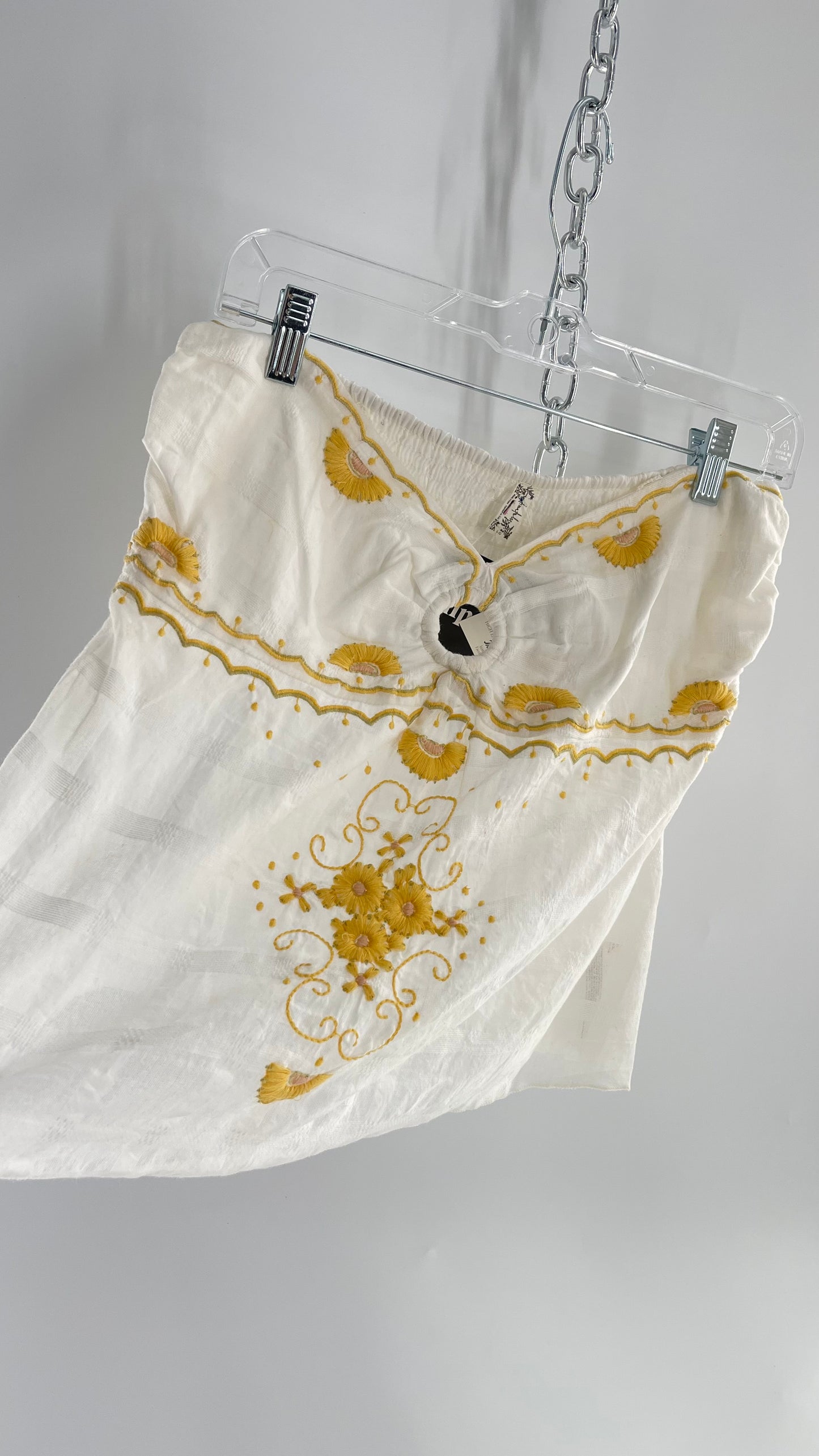 Intimately Free People White Cotton Tube Tank with Yellow Embroidered Detailing (L)