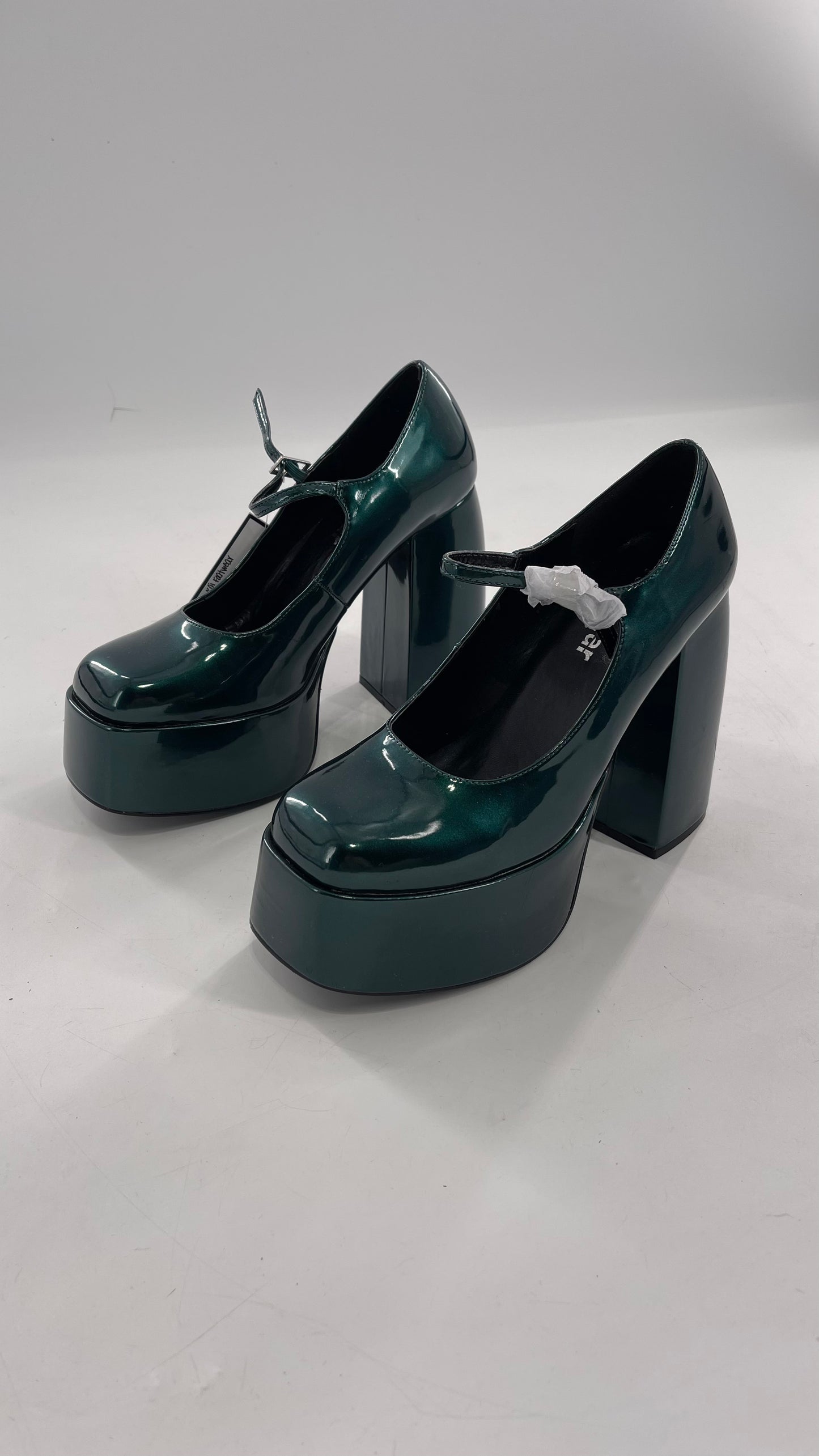 KOI FOOTWEAR Patent Emerald Green Platform Chunky Heel Mary Janes (9/39)