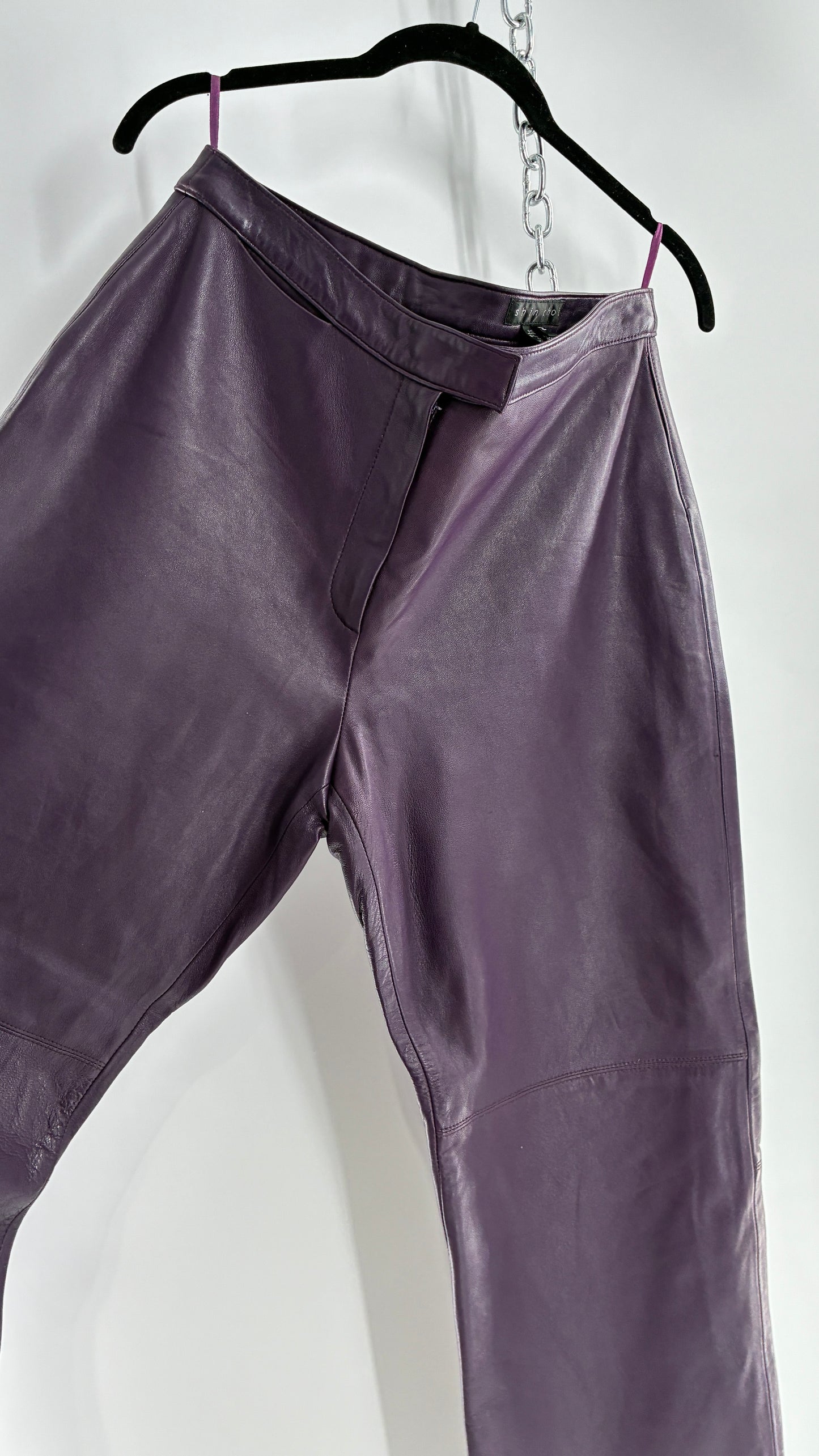 Vintage SHIN CHOI Genuine Italian Leather Purple Side Closure Low Rise Pants (12)