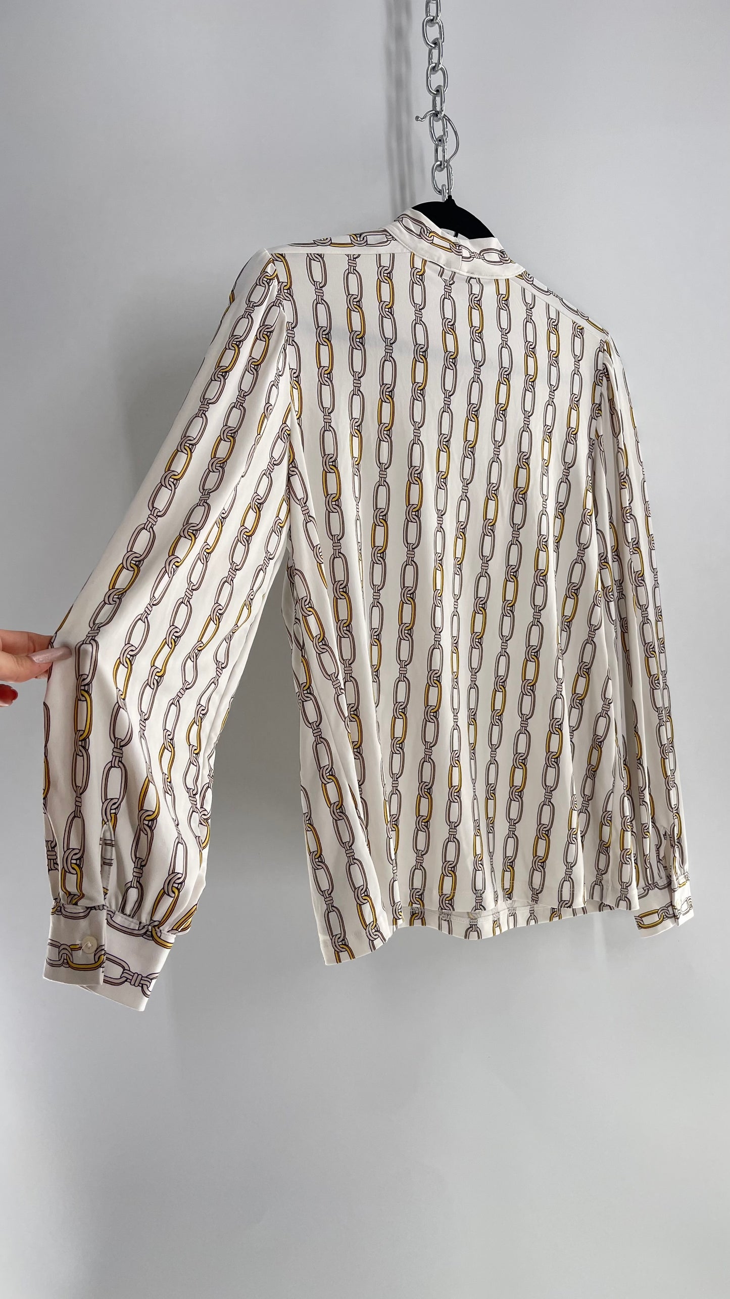 ANN TAYLOR White Gold Chain Graphic Blouse with Neck Tie Detail (Medium)