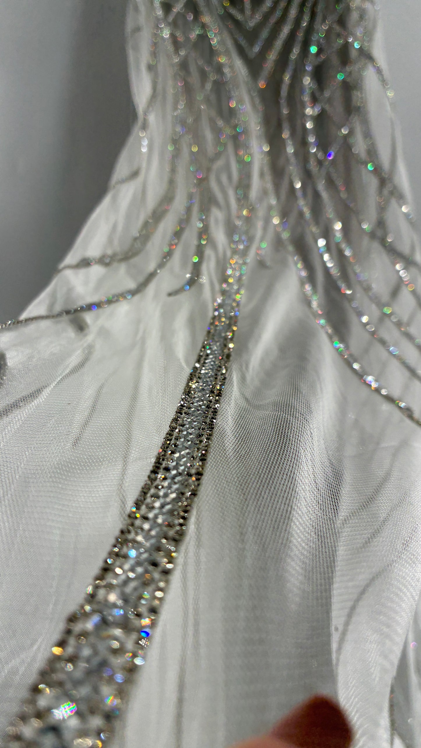 NWT LADIVINE by Cinderella Divine Silver Nude CC6018 Mermaid Corseted Gown with Multiple Layers of Tulle, Covered in Crystal Strips (16)