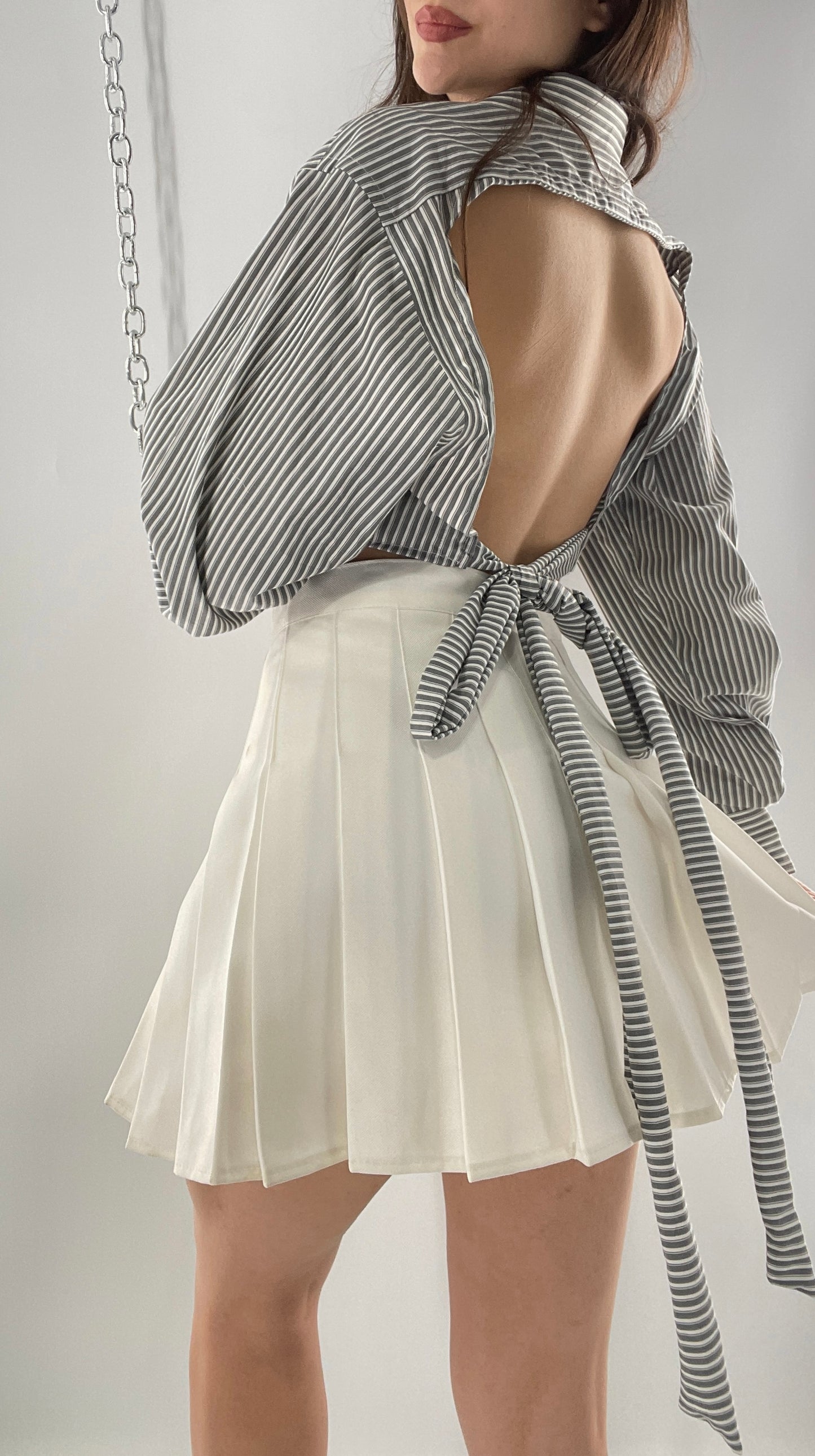 Vintage Reworked Button Front Backless Grey Blue Striped Blouse (One Size)