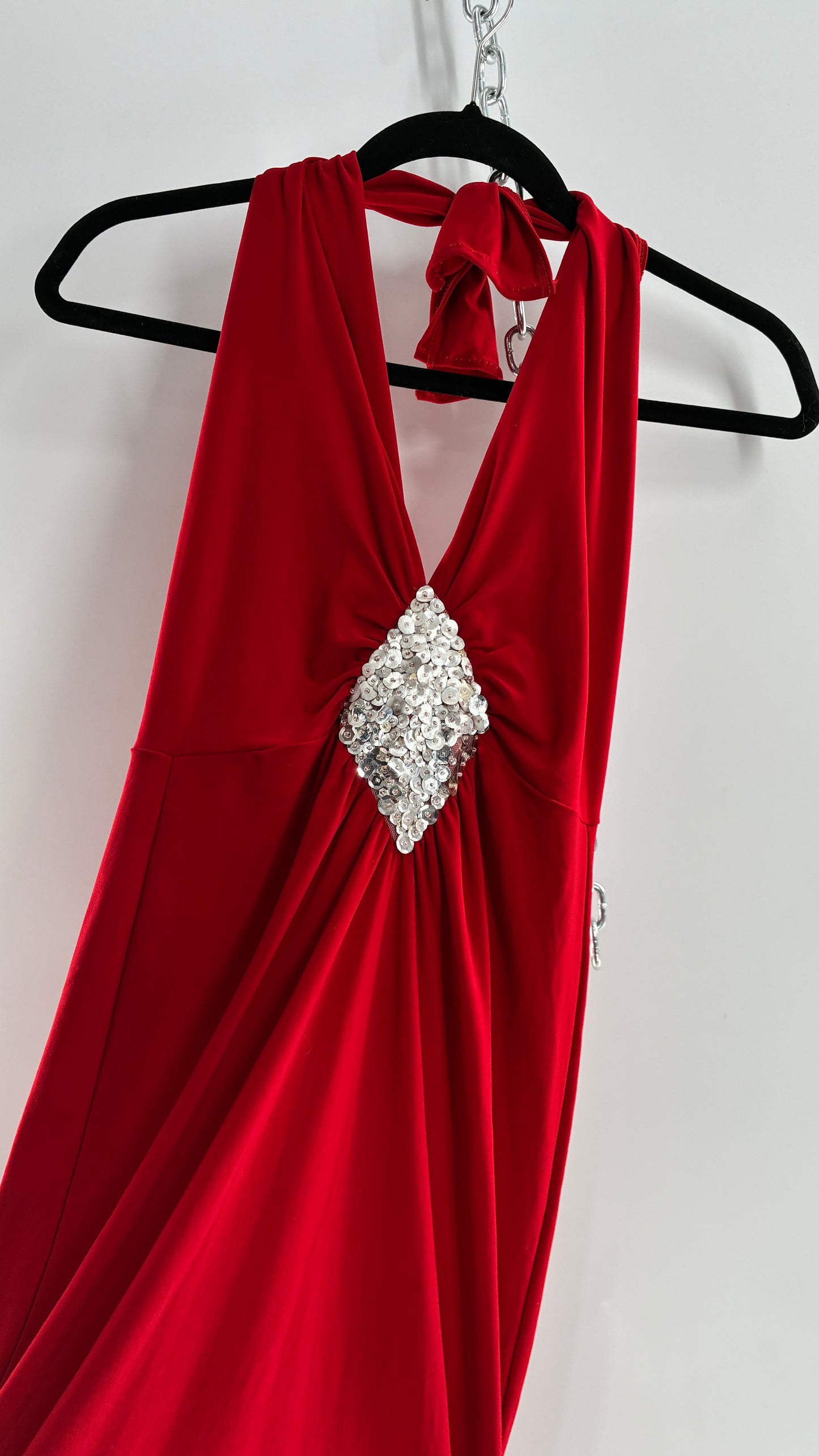 Vintage SYMPHONY Lycra Red Halter Full Length Dress with Sequin Bust Detail (Small)