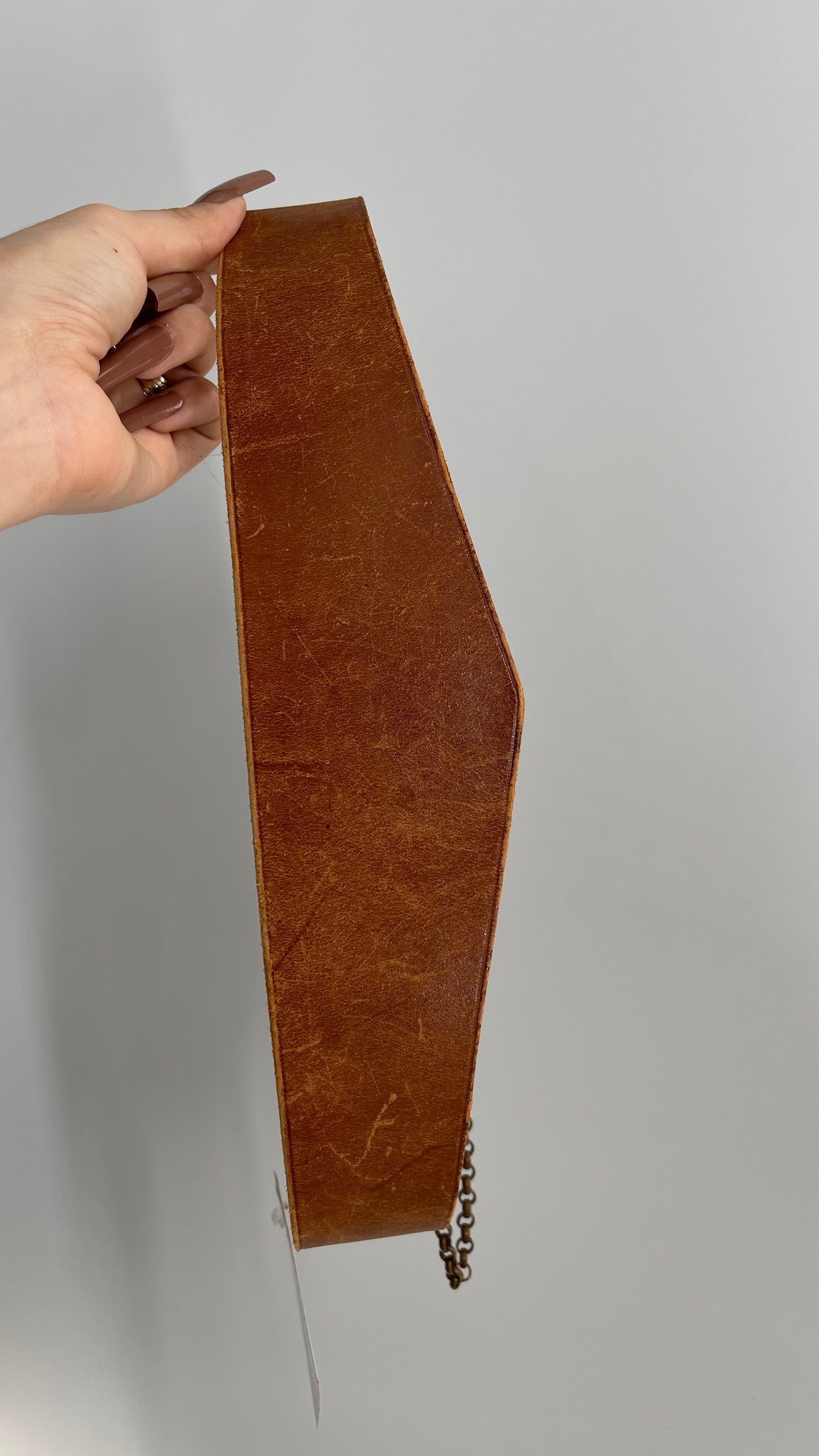 Vintage Antique Leather Waist Belt with Engraved Brass Brackets and Pin Closure (XS/S)