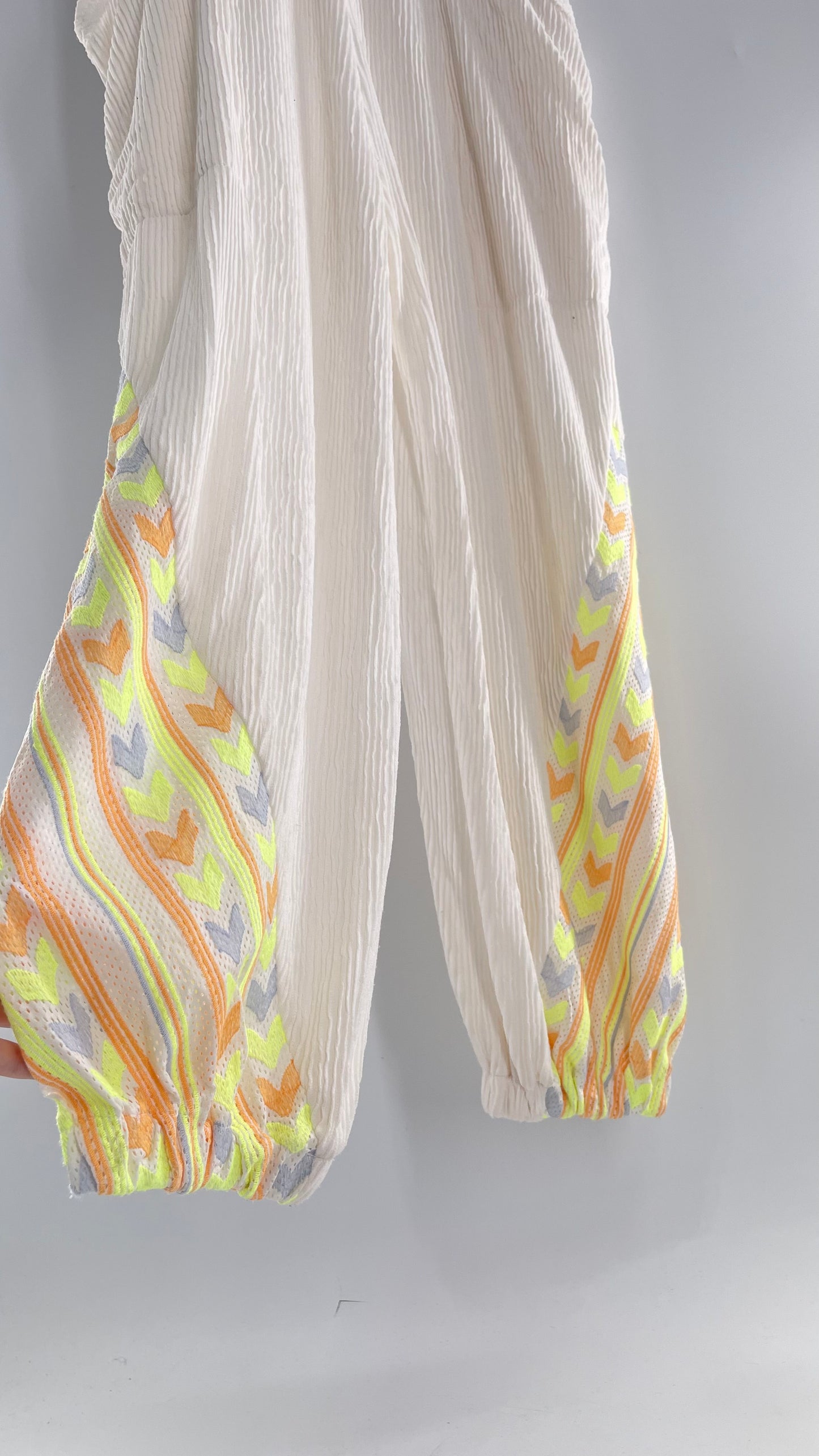 Free People Movement Cream Ribbed Jumpsuit with Yellow/Orange Embroidered Details and Waist Cinching Drawstring (Small)